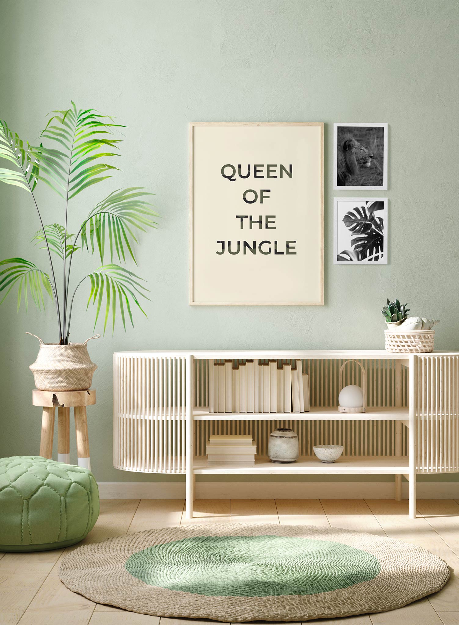 Jungle Royalty is a minimalist typography of the words "Queen of the Jungle" in all capitals written in block letters and jungle colours by Opposite Wall.