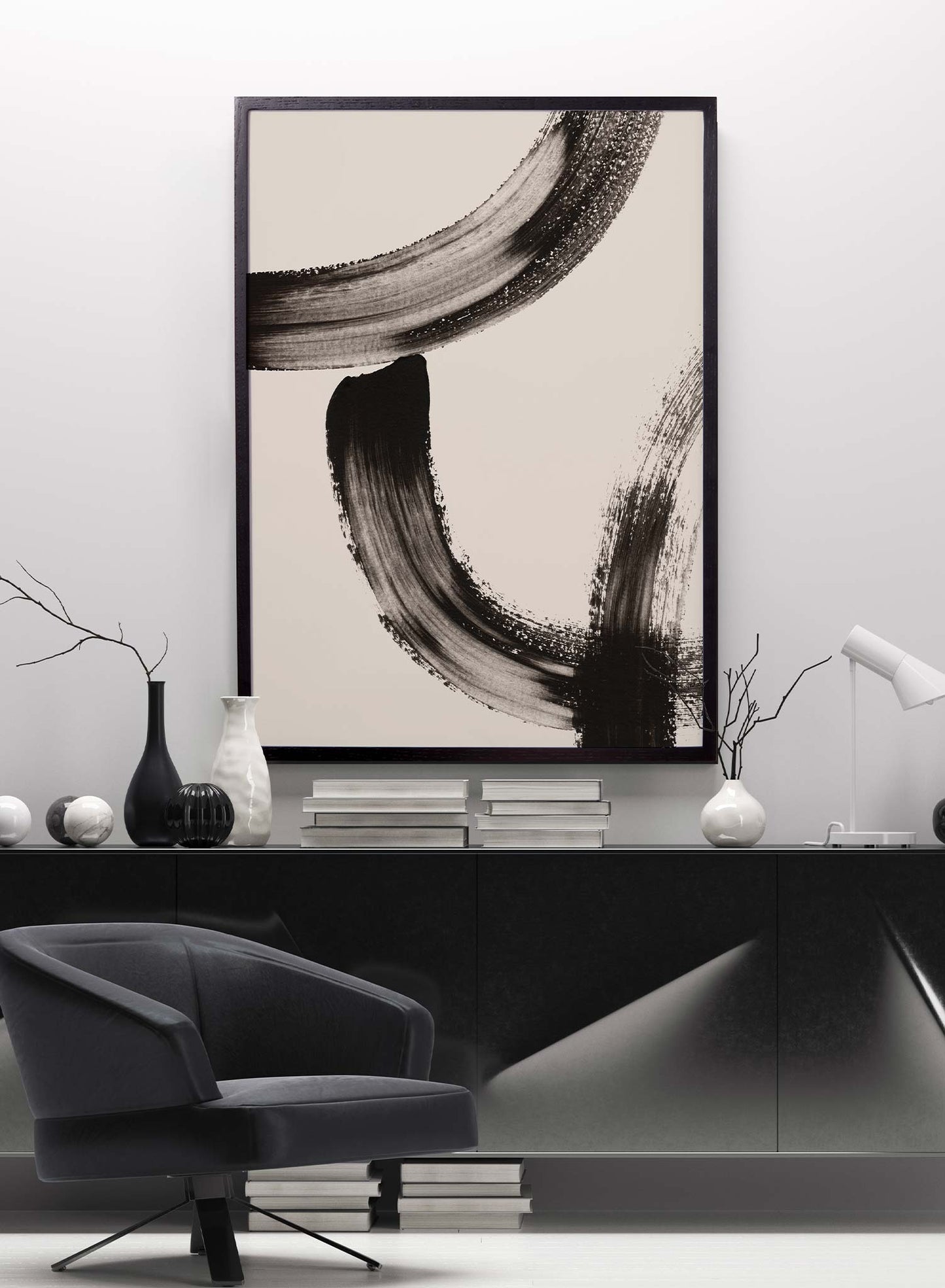 Swoosh is a minimalist abstract illustration of black brush strokes drawing round lines by Opposite Wall.