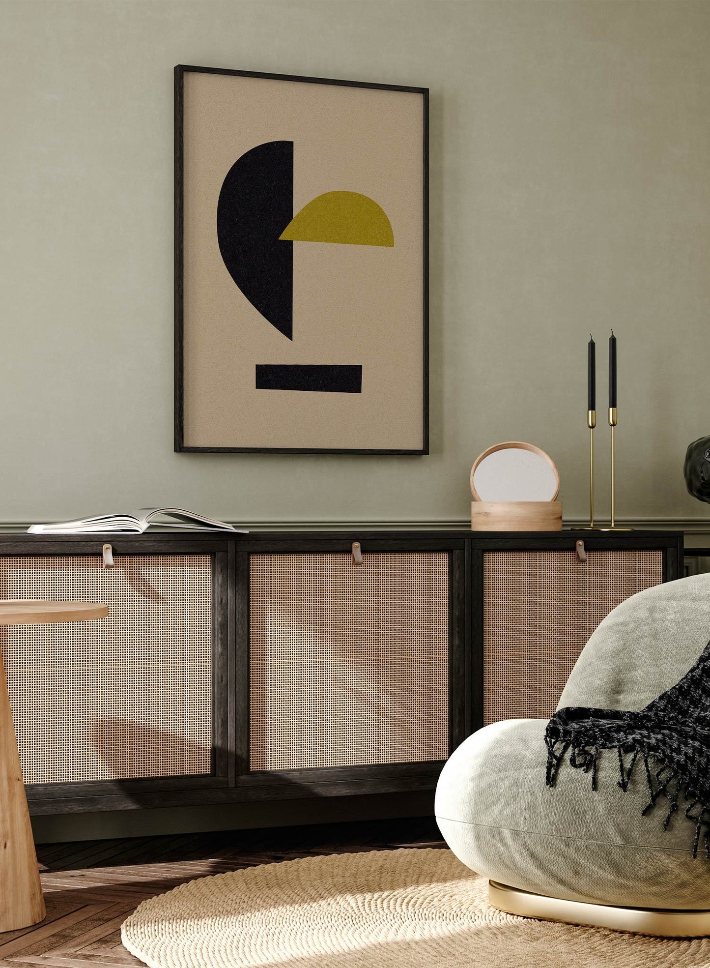 Fragments is a minimalist abstract illustration of two semicircles and a rectangle at the bottom by Opposite Wall.
