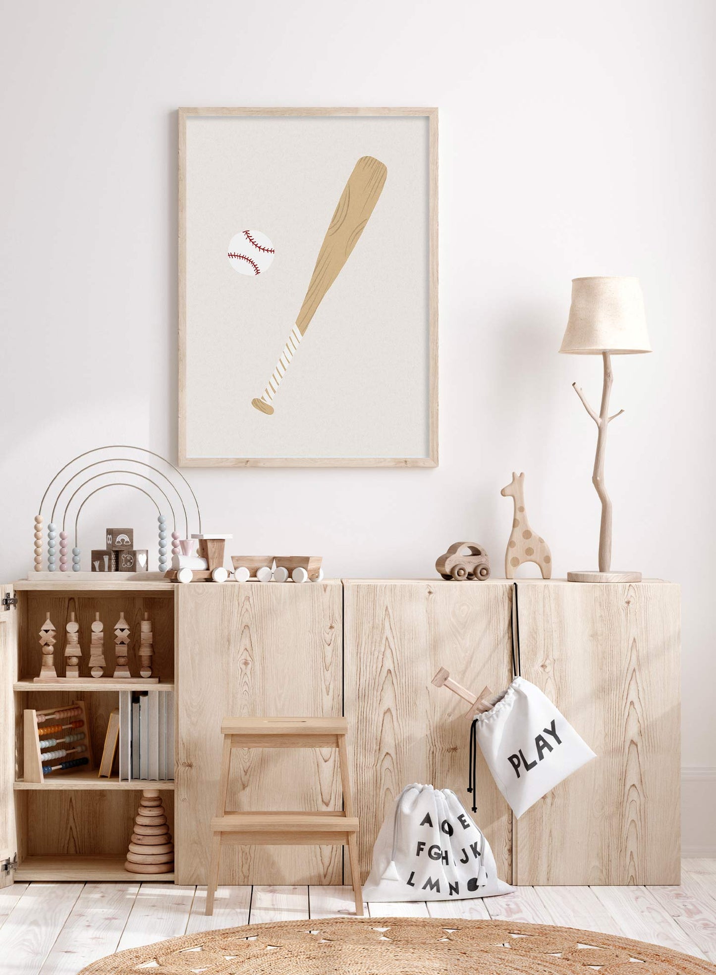 Home Run is a minimalist illustration by Opposite Wall of a baseball bat and its ball ready to hit a home run.