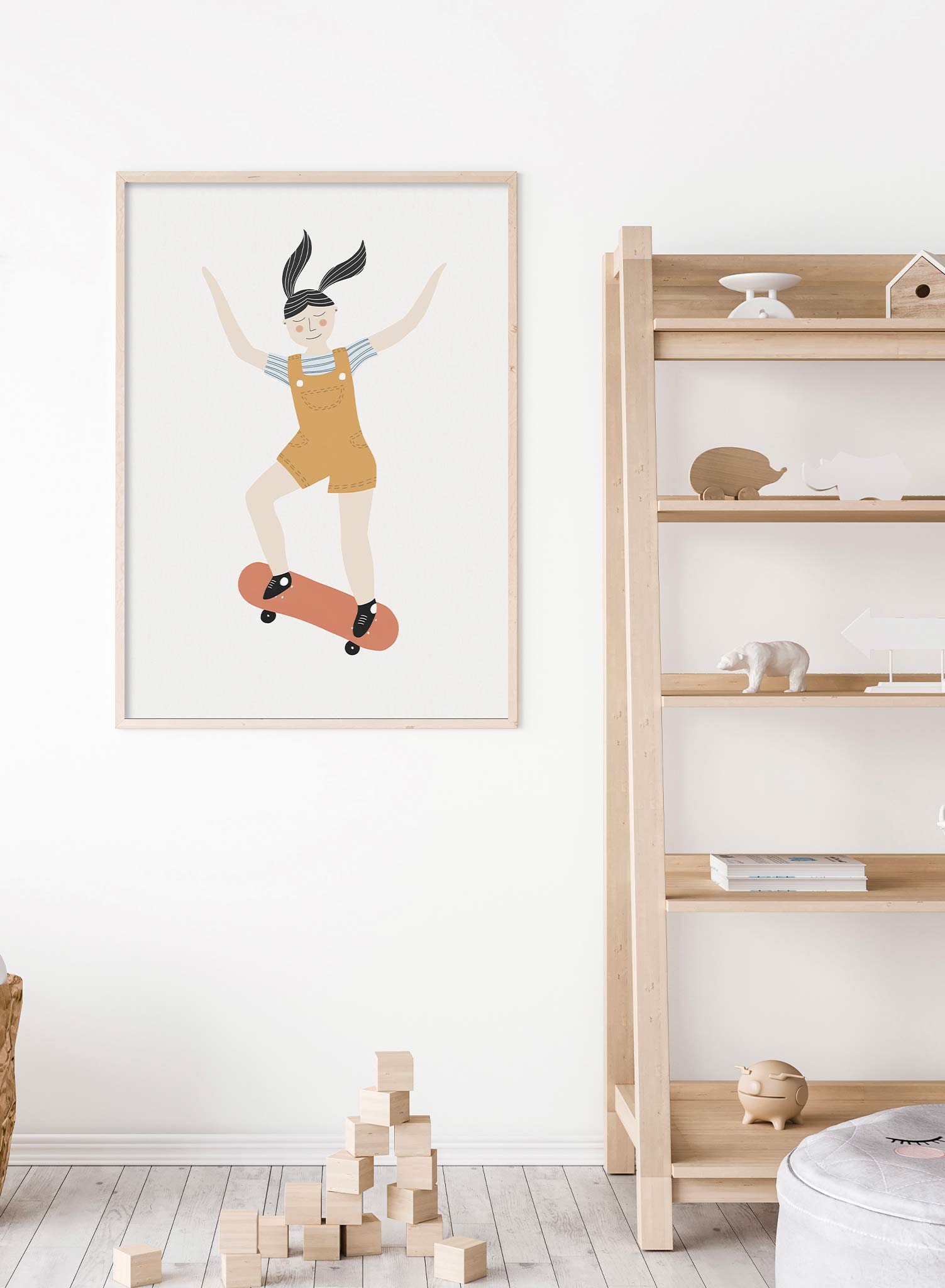S8ter Girl is a minimalist illustration by Opposite Wall of a girl enjoying her ride on her skateboard.