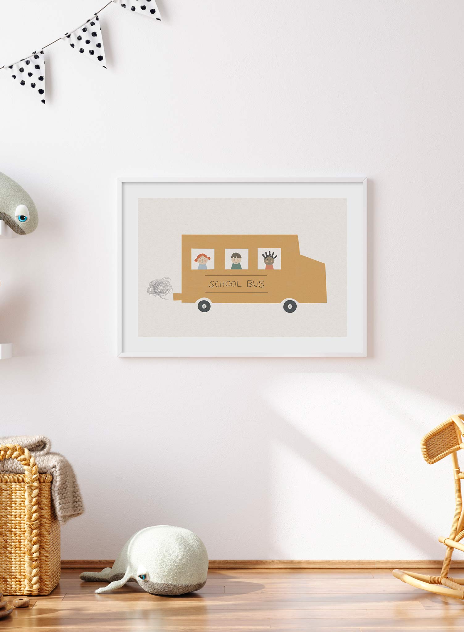 School Bus is a minimalist illustration by Opposite Wall of the traditional yellow school bus transporting students to school.