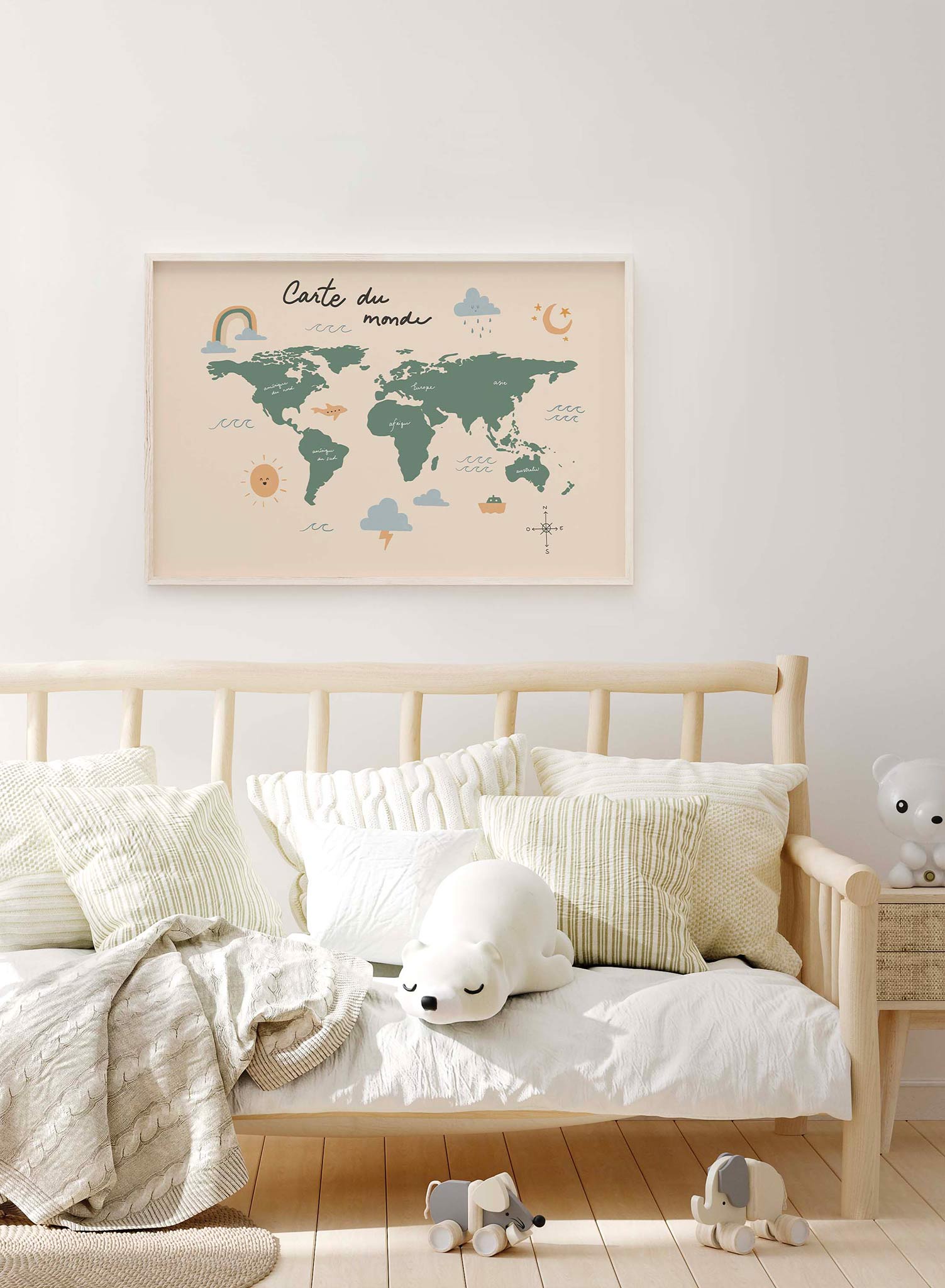 Globe Trotter in French is a minimalist illustration by Opposite Wall of a simpler world map depicting the five continents in French accompanied by different weather patterns.