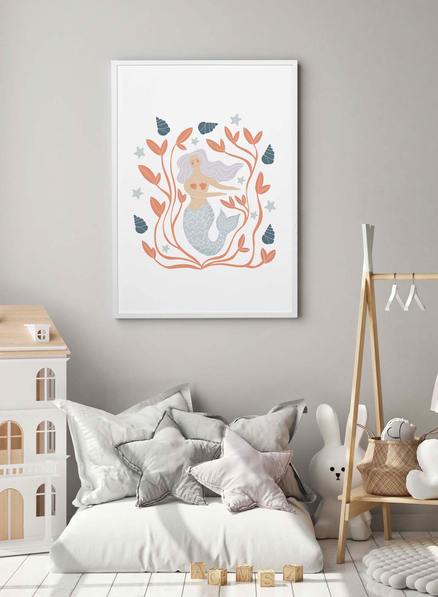 Mermaid is a minimalist illustration by Opposite Wall of a beautiful mermaid surrounded by plants and seashells.