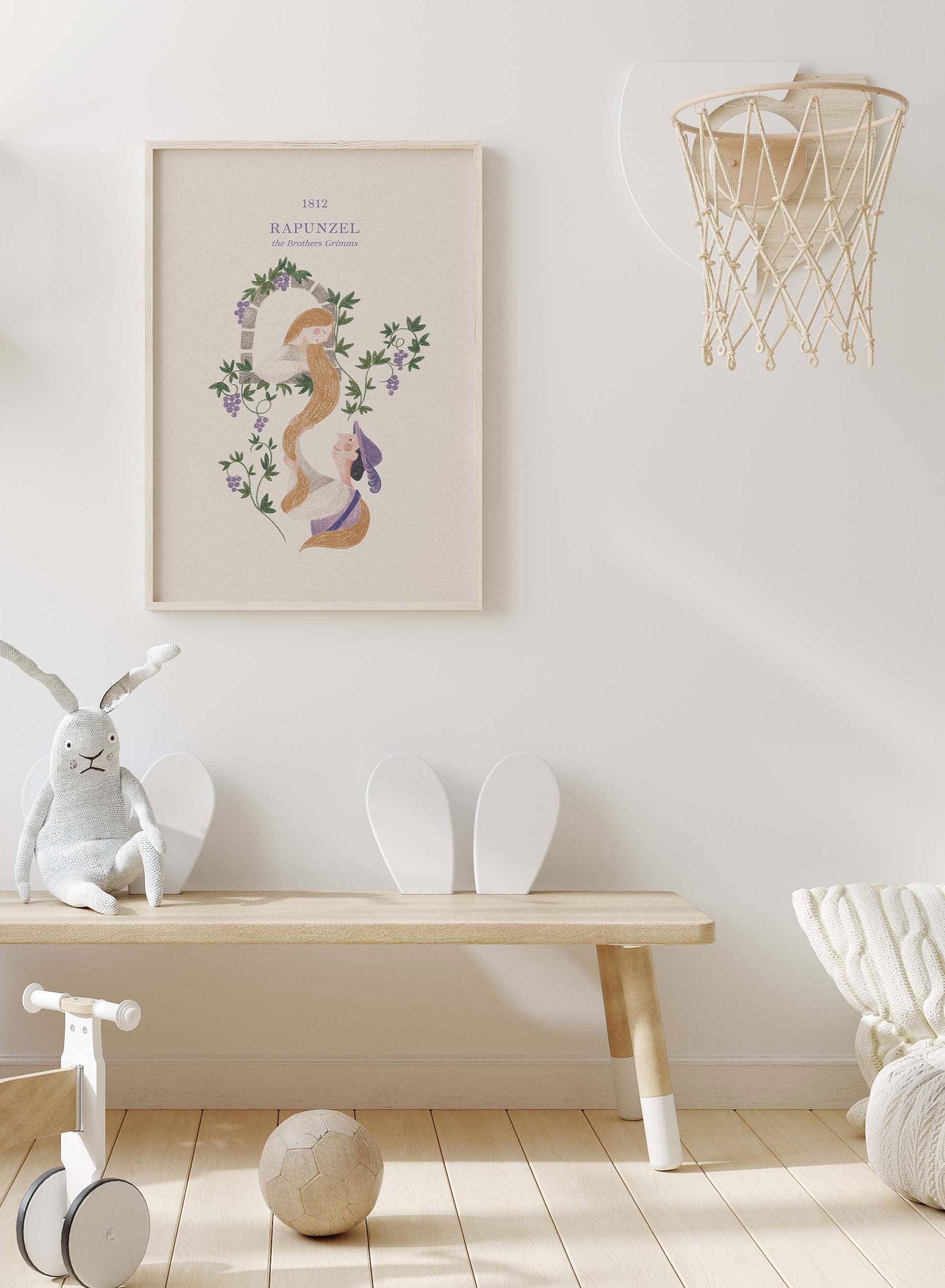 Rapunzel is a minimalist illustration by Opposite Wall of the Brothers Grimm's Rapunzel where the prince is grabbing her hair to save her from the tower.