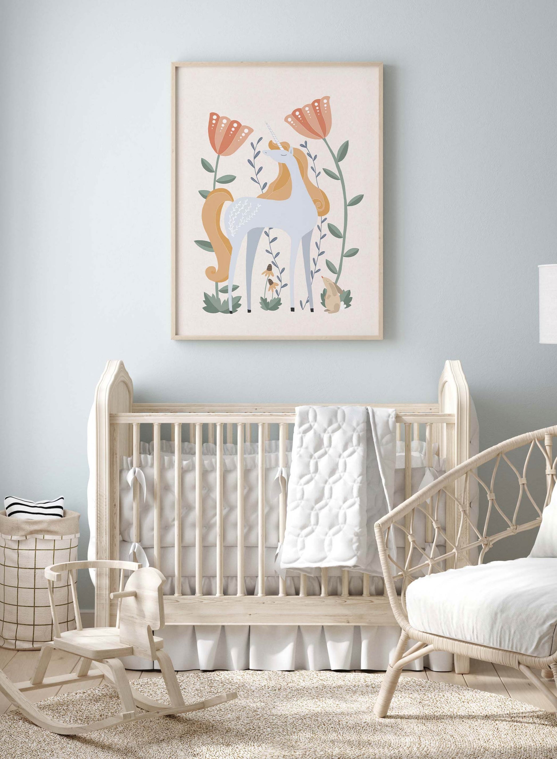 Sassy Unicorn is a minimalist illustration by Opposite Wall of a beautiful unicorn enjoying its time in nature with tall flowers and a rabbit at its foot.