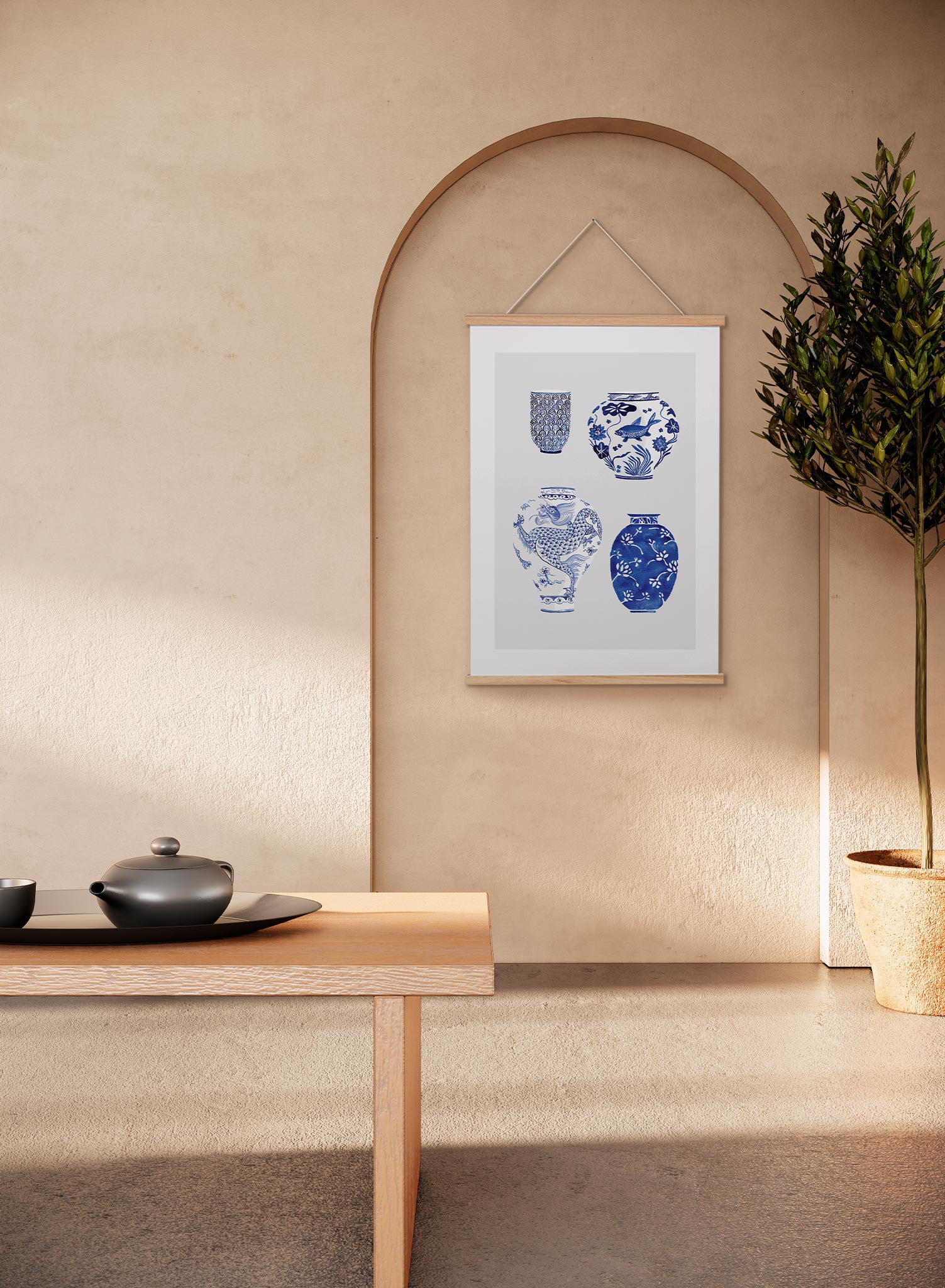 Tojiki is a minimalist illustration by Opposite Wall of four big blue vases with different patterns.