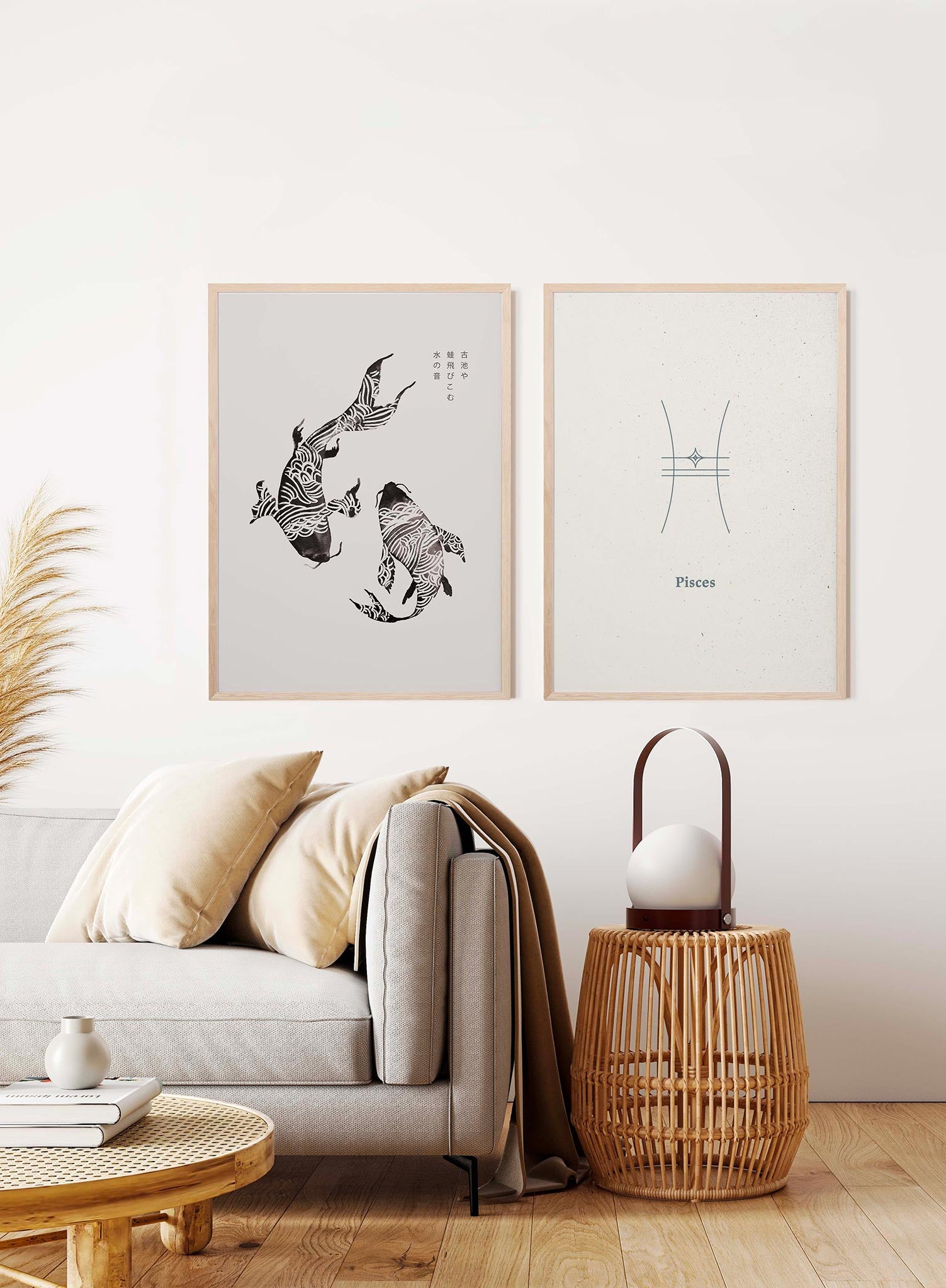 Koi and Haiku is a minimalist illustration by Opposite Wall of two striped koi fishes swimming towards each other.