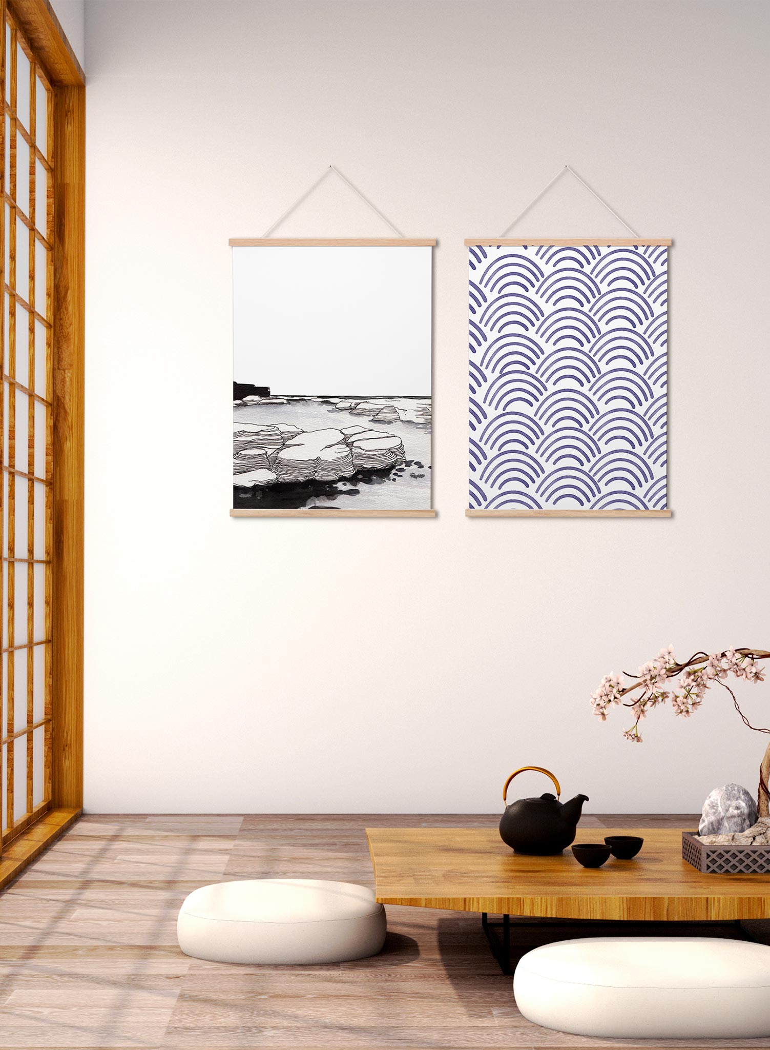 Izu Peninsula is a minimalist illustration by Opposite Wall of a hand drawn of a ocean view with big rocks.