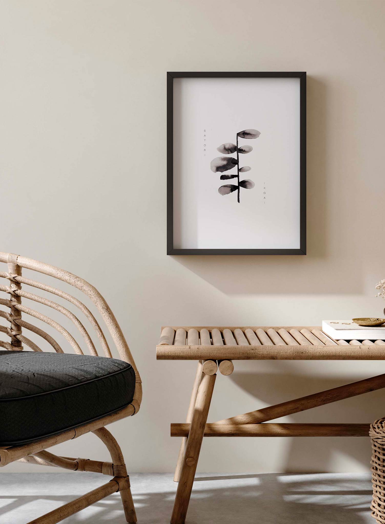 Satori is a minimalist illustration by Opposite Wall of a branch with eight leaves drawn in ink.