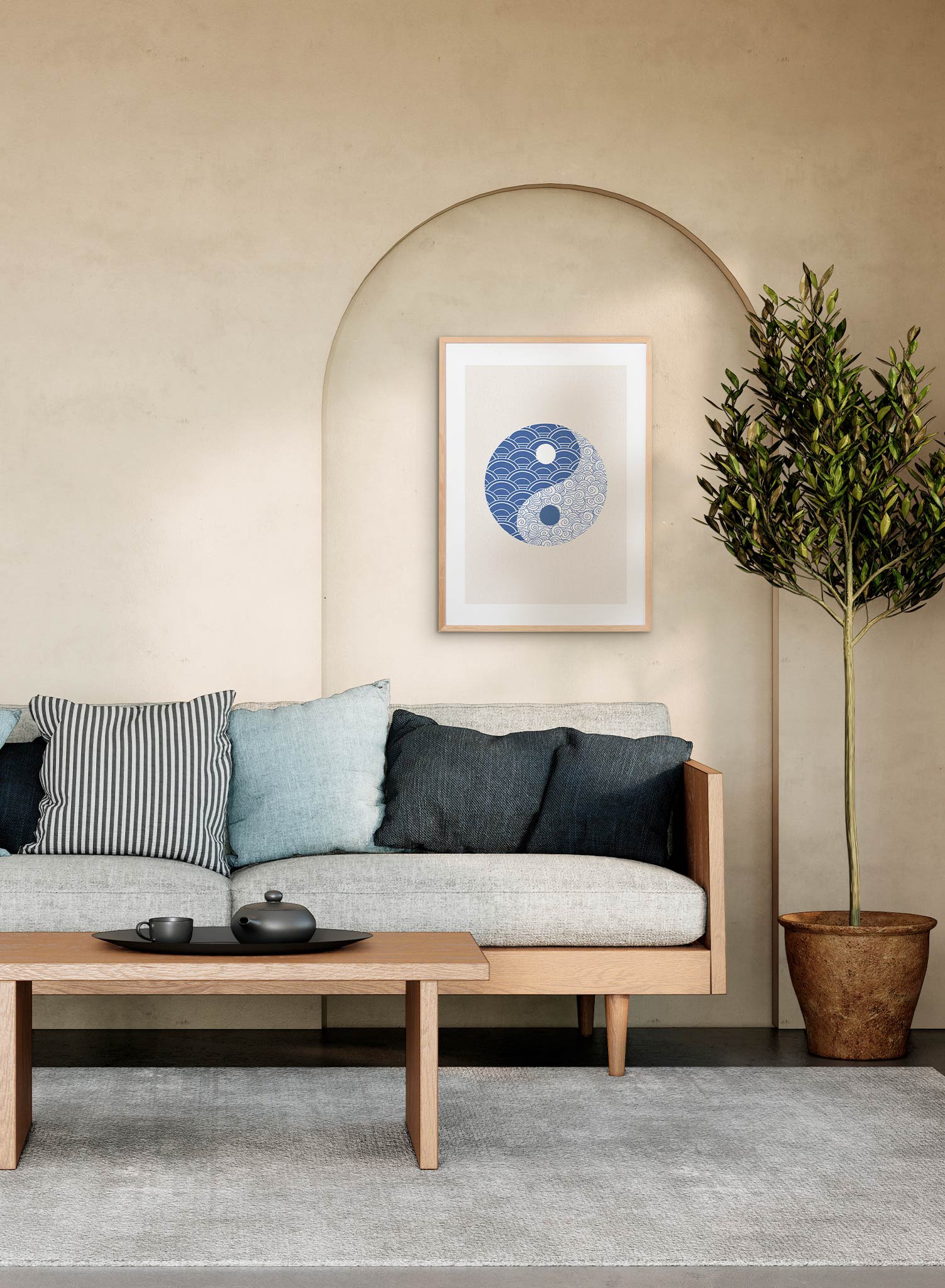 Yin-Yang is a minimalist illustration by Opposite Wall of the Yin-Yang sign filled with oriental patterns instead.