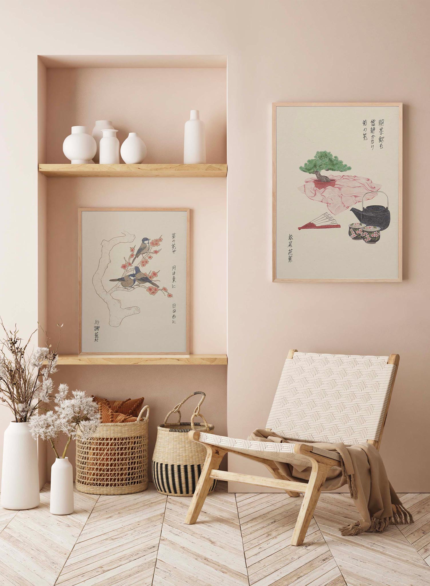 Tradition is a minimalist illustration by Opposite Wall of a small bonsai tree next to a tea set and a fan.