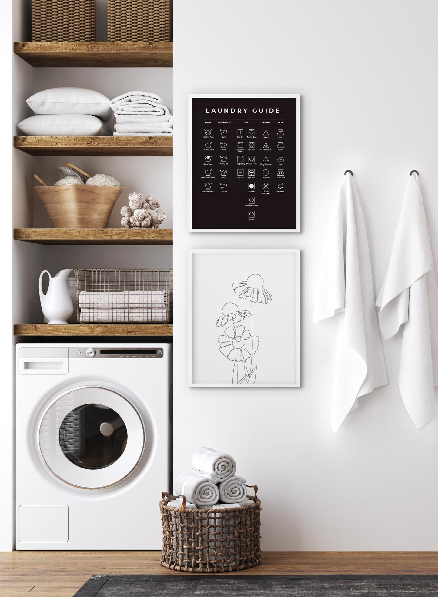 Laundry Guide in Black is a minimalist typography by Opposite Wall of a chart of laundry symbols and their meaning.