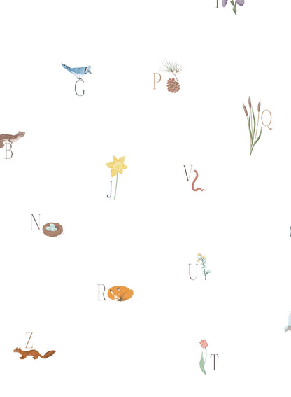 Woodland Lesson in French is a Minimalist wallpaper by Opposite Wall of an alphabet with an animal & forest them