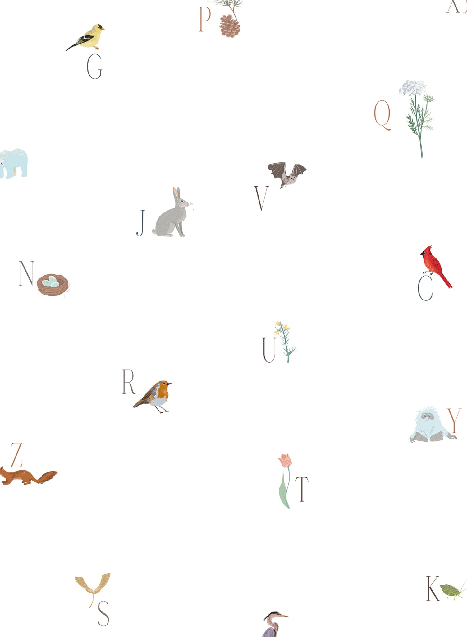 Woodland Lesson in English is a Minimalist wallpaper by Opposite Wall of an alphabet with an animal & forest them