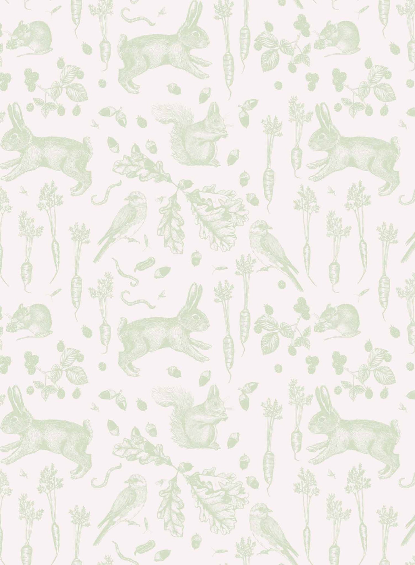 Garden Thieves is a minimalist wallpaper by Opposite Wall of common animals and vegetables found in a backyard garden.