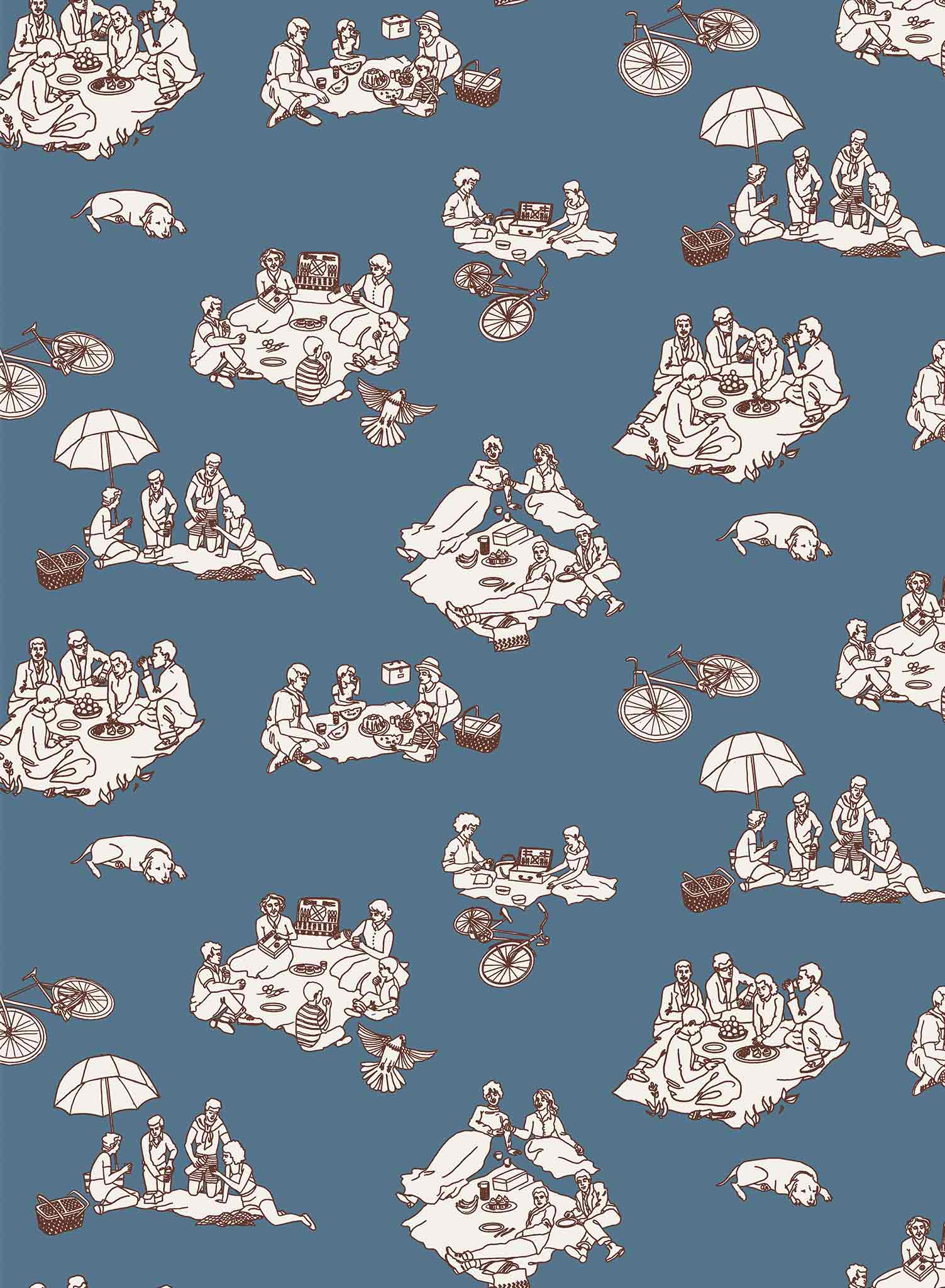 La Fontaine is a mnimalist wallpaper by Opposite Wall of a drawing of many people enjoying a picnic.