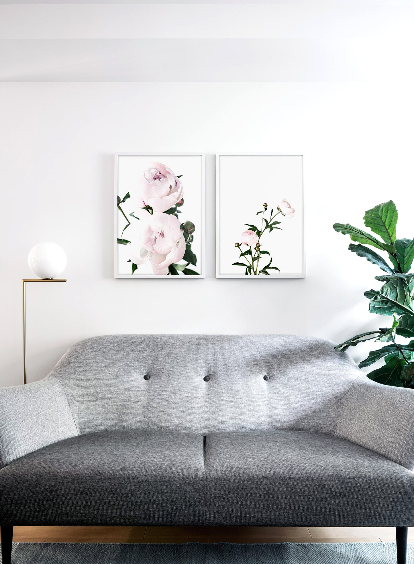 Scandinavian art print by Opposite Wall with delicate peonies Lovers art photography - Living room with a sofa