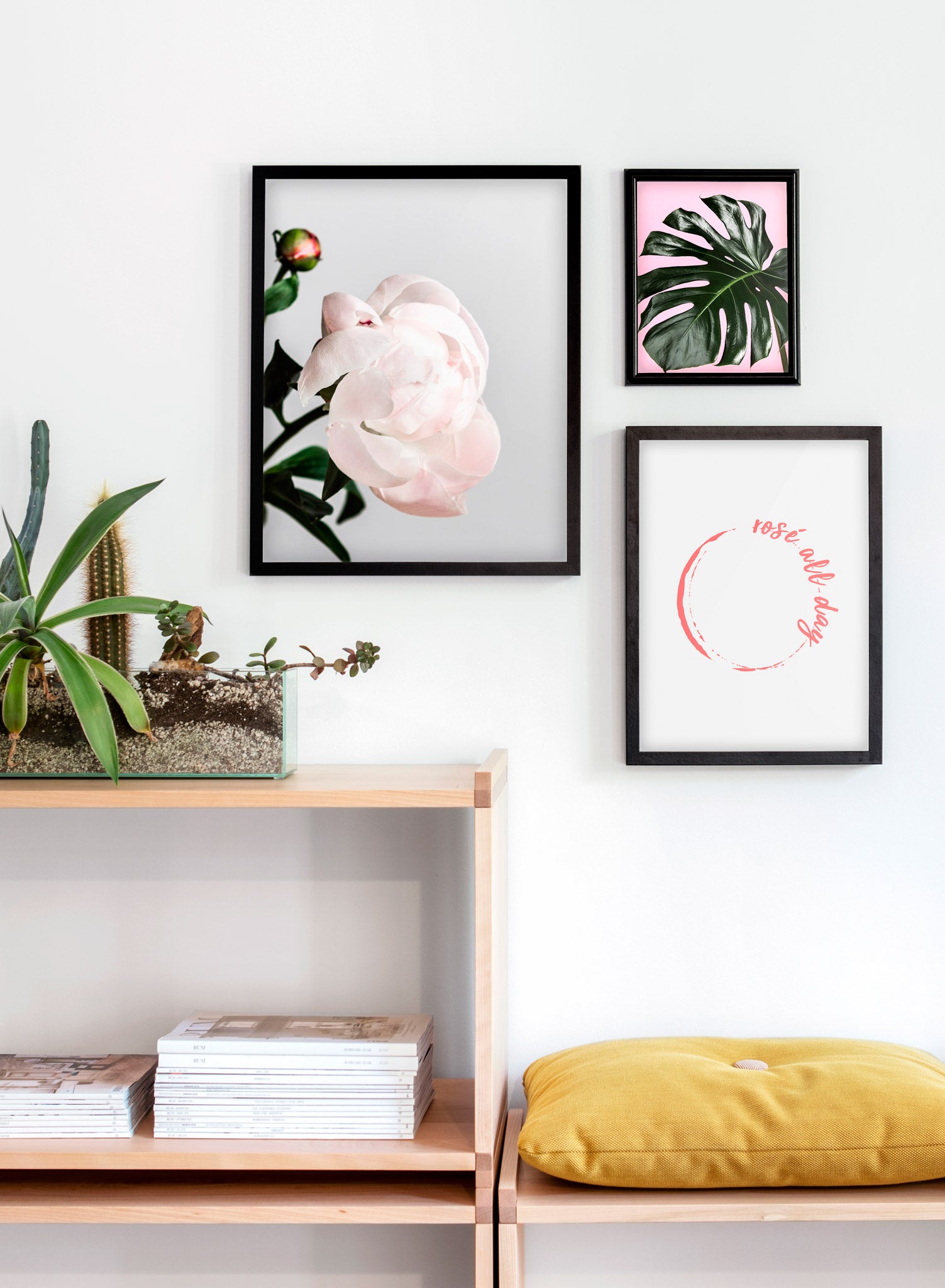 Modern minimalist poster by Opposite Wall with trendy pink hand-made illustration of Rosé All Day - Living room close-up on a yellow cushion