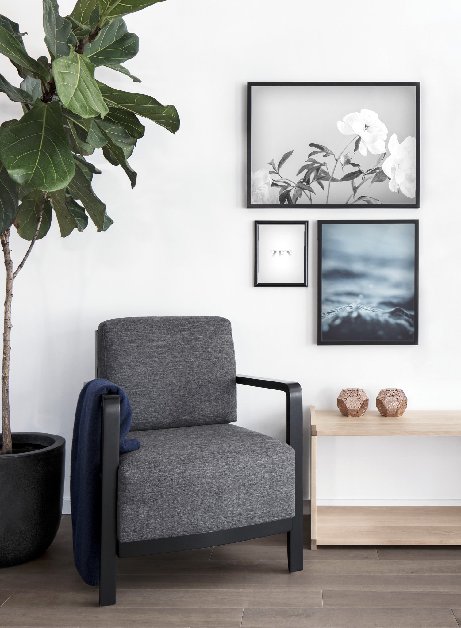 Modern minimalist art print by Opposite Wall with wave White Water blue photography - Living room wall with a cozy chair