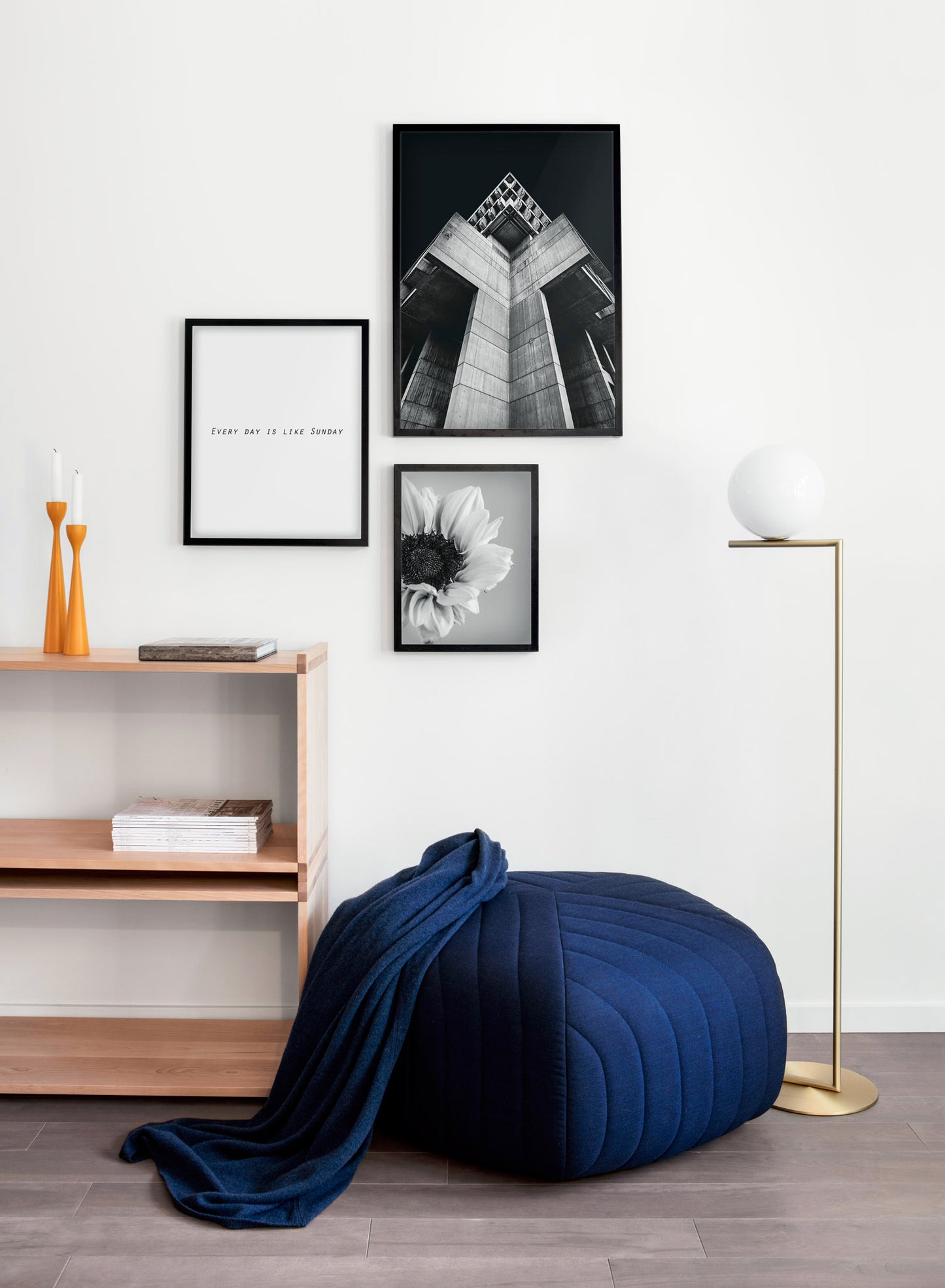 Scandinavian poster by Opposite Wall with black and white sunflower photography - Living room with a pouf