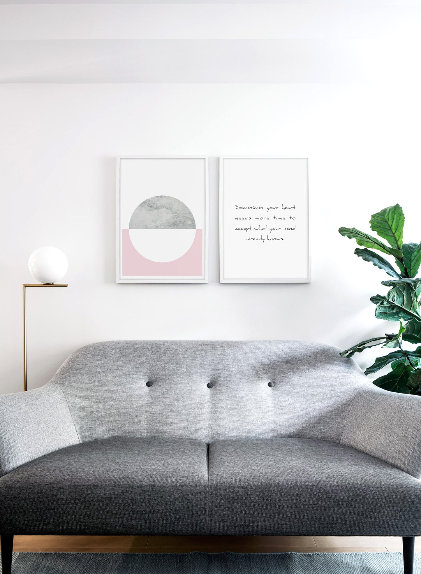 Scandinavian art print by Opposite Wall with inspirational Heart and Mind quote - Living room with a sofa