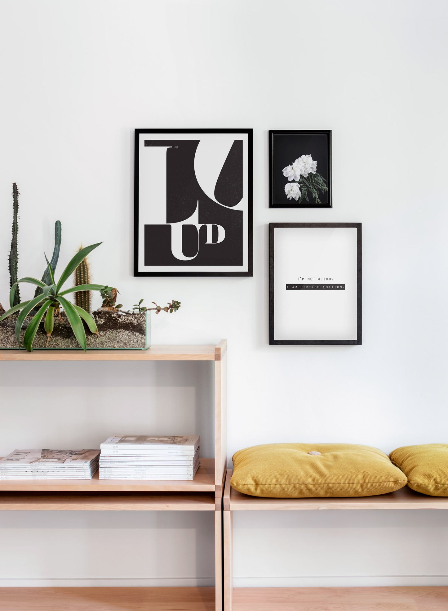 Scandinavian poster by Opposite Wall with trendy graphic typo design - Light my Fire - Living room close-up on yellow cushions and a cactus