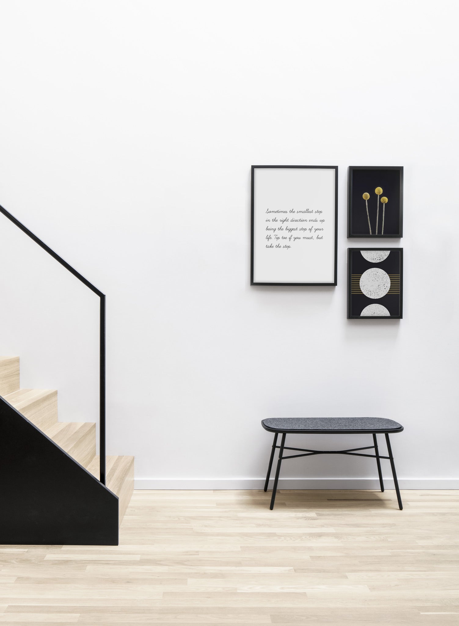 Minimalist art print by Opposite Wall with trendy Take the step quote typography design - Living room with a design staircase