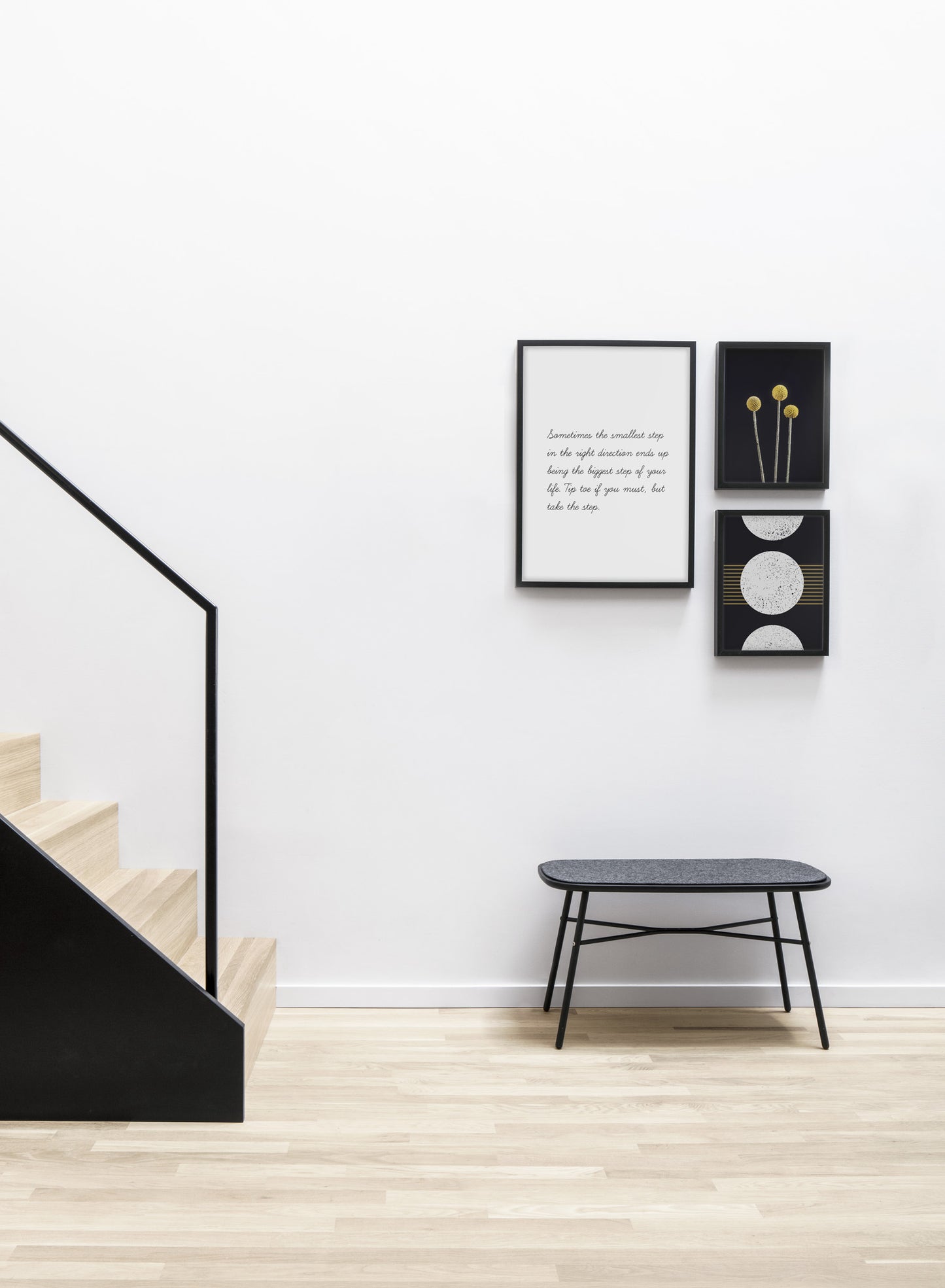 Modern minimalist photo print of Billy Buttons on black by Opposite Wall - Living room with a design staircase
