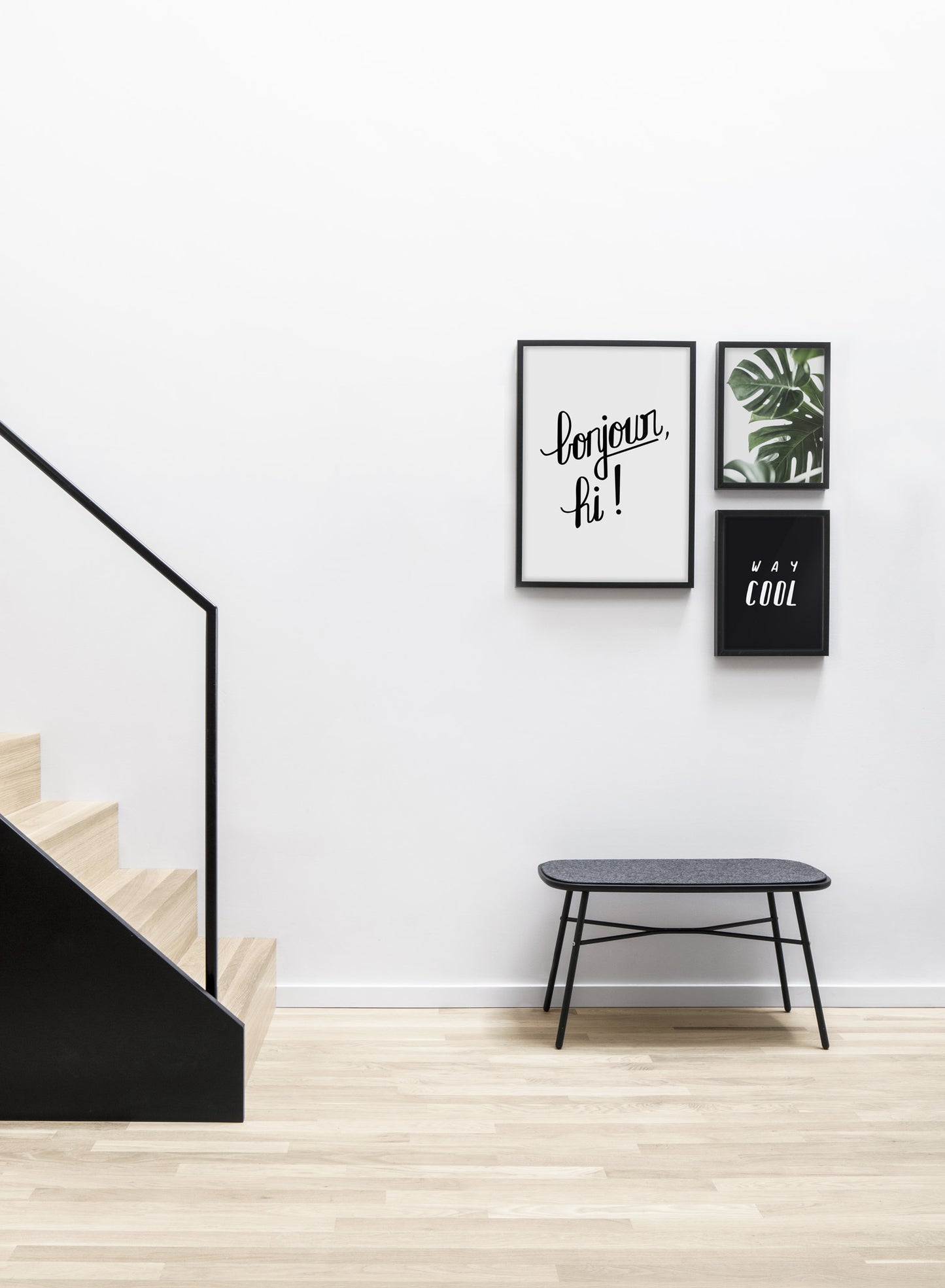 Minimalist art print by Opposite Wall with Bonjour hand-drawn design - Living room with a design staircase