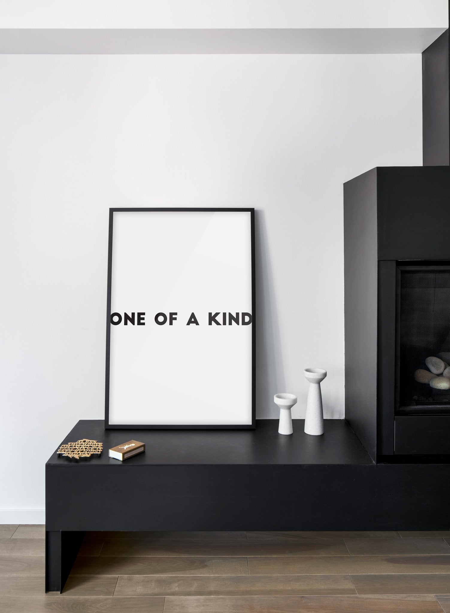 Scandinavian poster with black and white graphic typography design of One of a Kind - Living room, fireplace