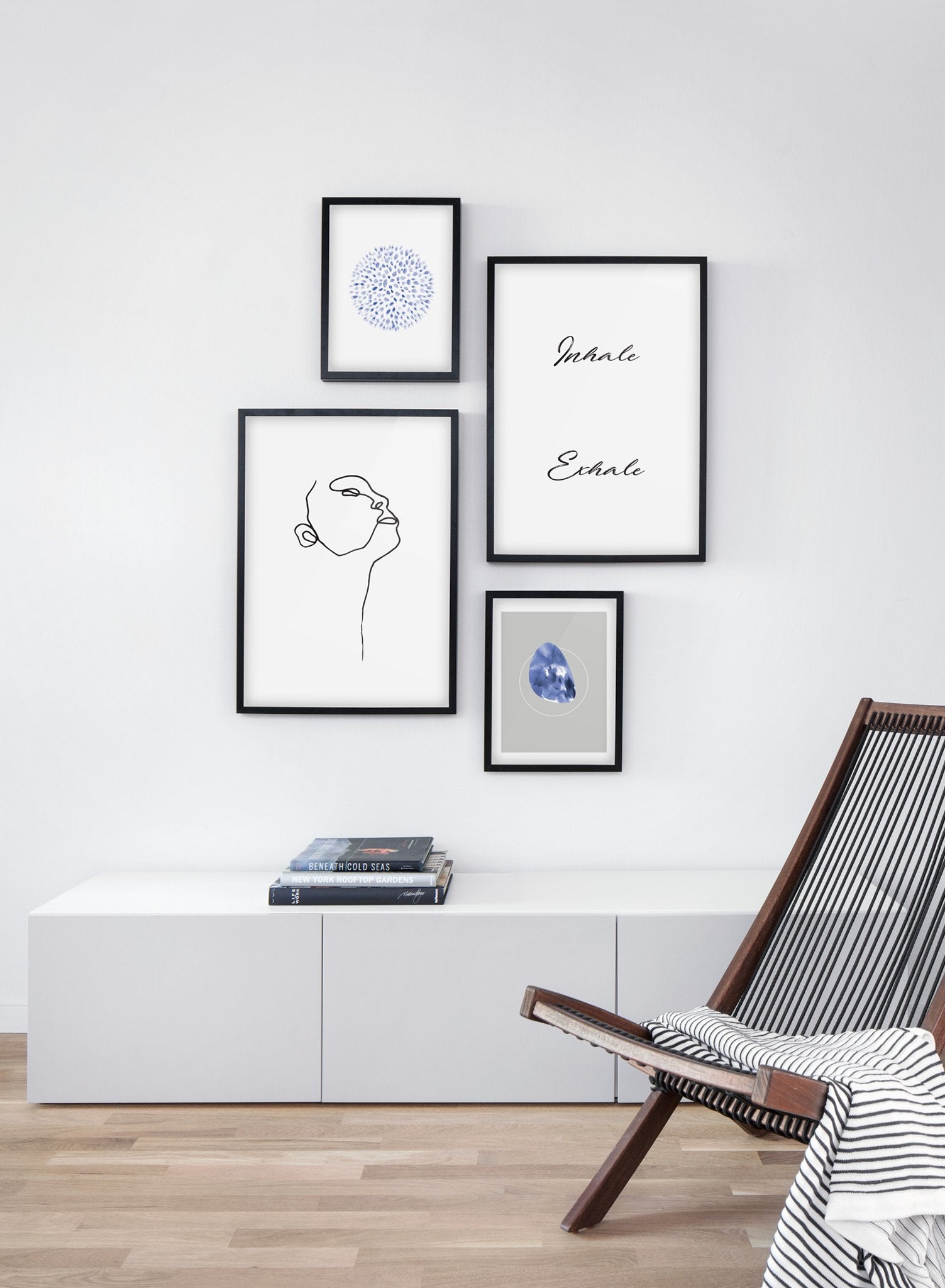 Scandinavian poster with black and white graphic typography design of Inhale Exhale and abstract illustration - Living room with a chair