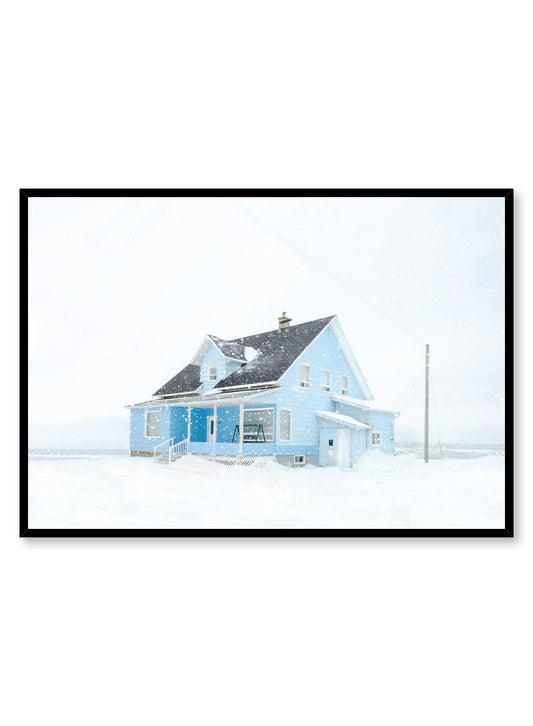 Minimalist design poster by Opposite Wall with blue House in Winter Snow photography