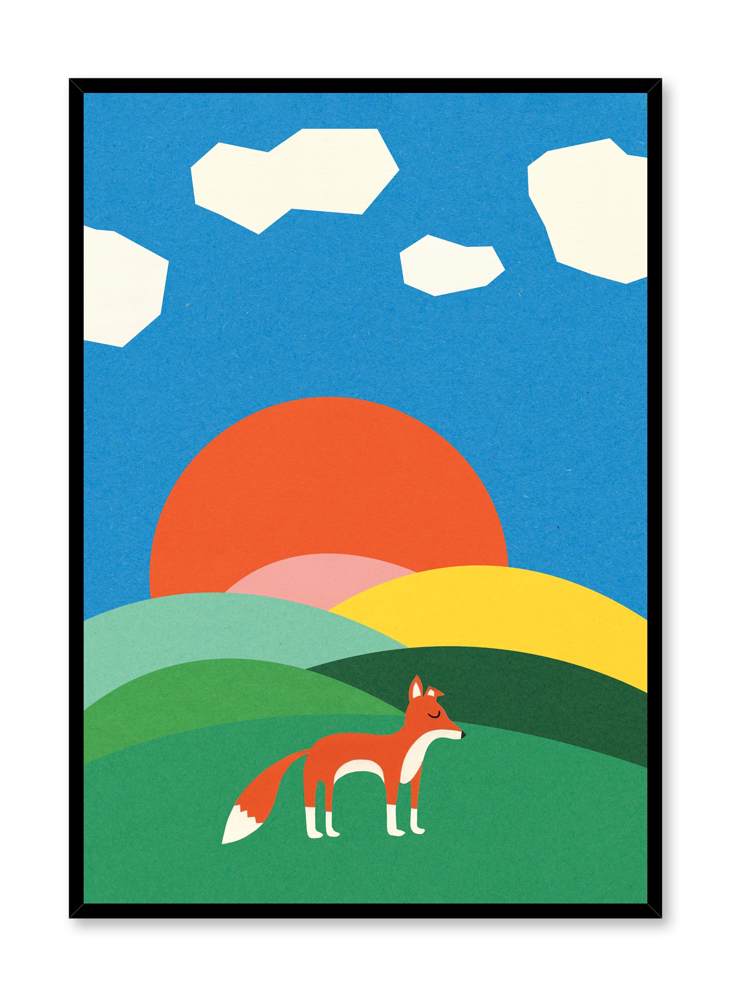 Modern minimalist poster by Opposite Wall with abstract collage illustration of fox in hills