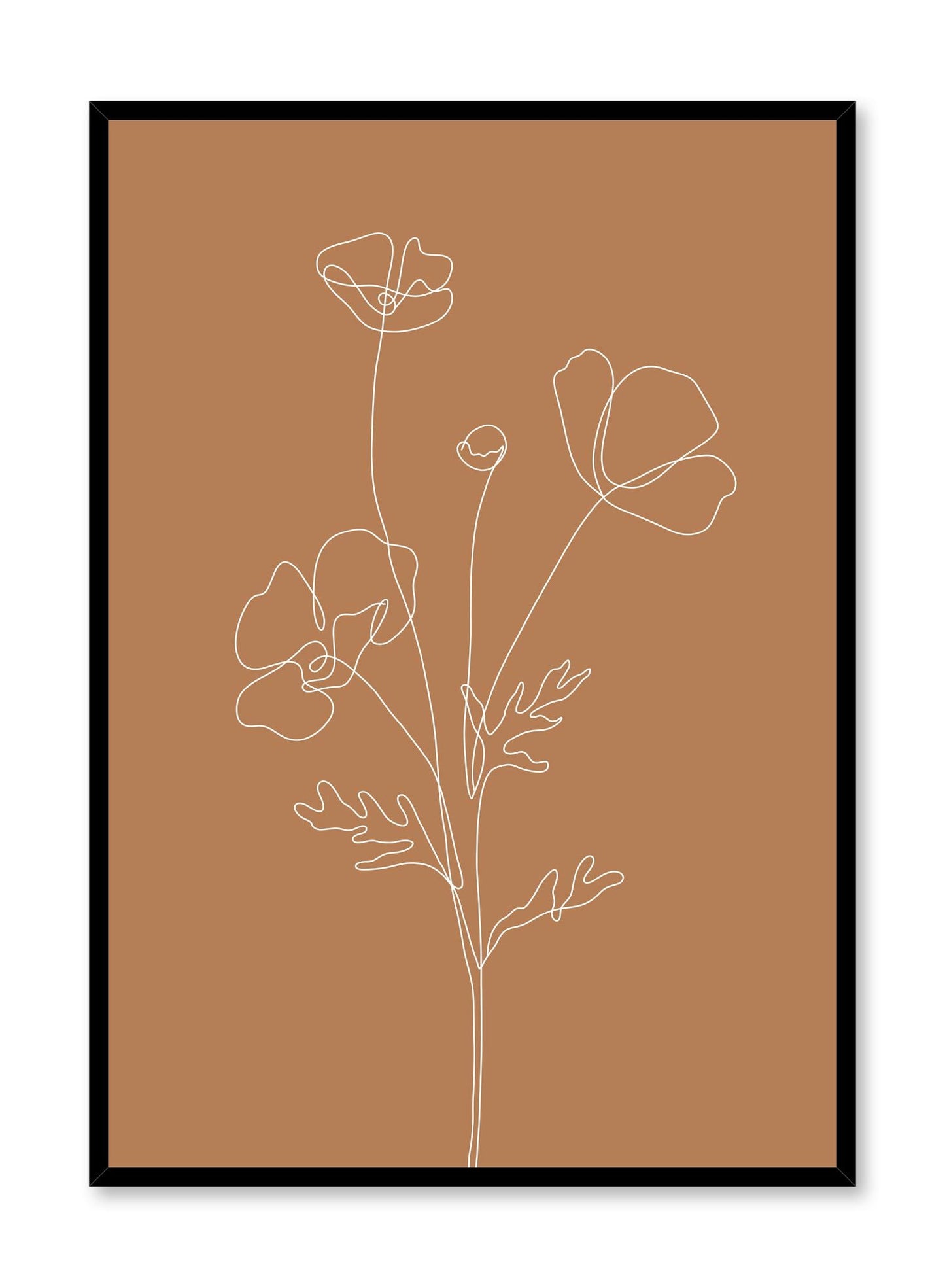 Minimalist design poster by Opposite Wall with line art drawing of poppy with burnt orange background