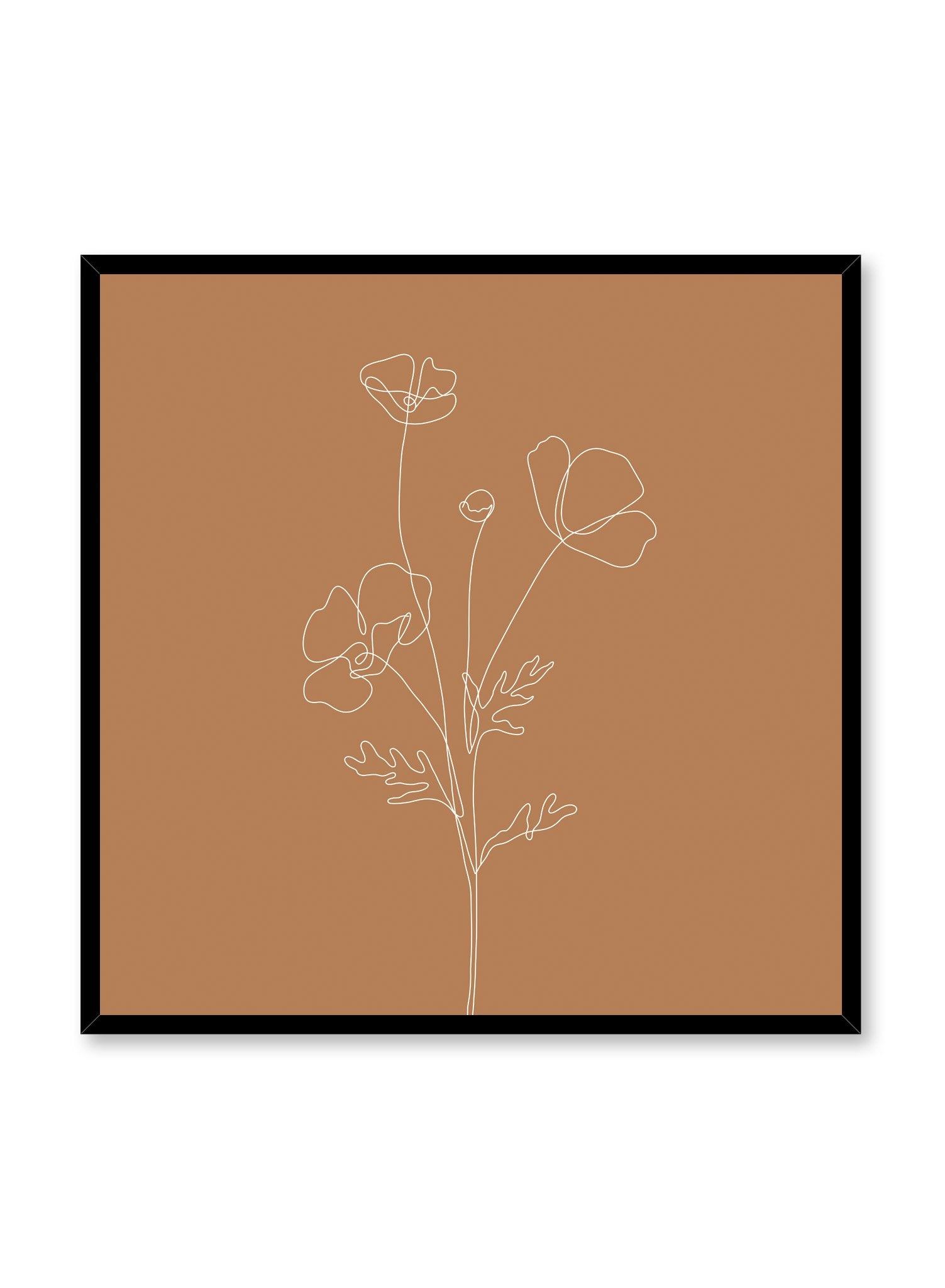Minimalist design square poster by Opposite Wall with line art drawing of poppy with burnt orange background