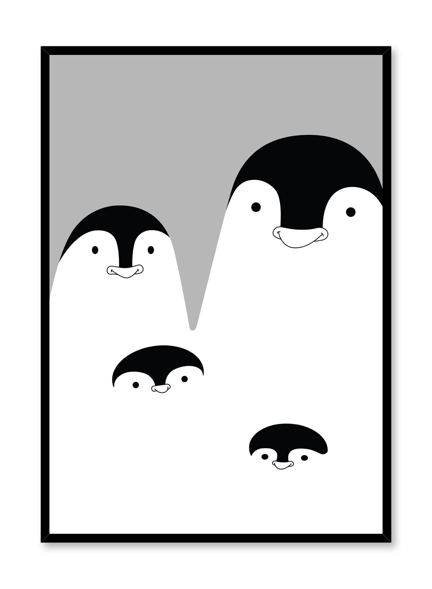 Modern minimalist poster by Opposite Wall with kids illustration of family of penguins in black & white
