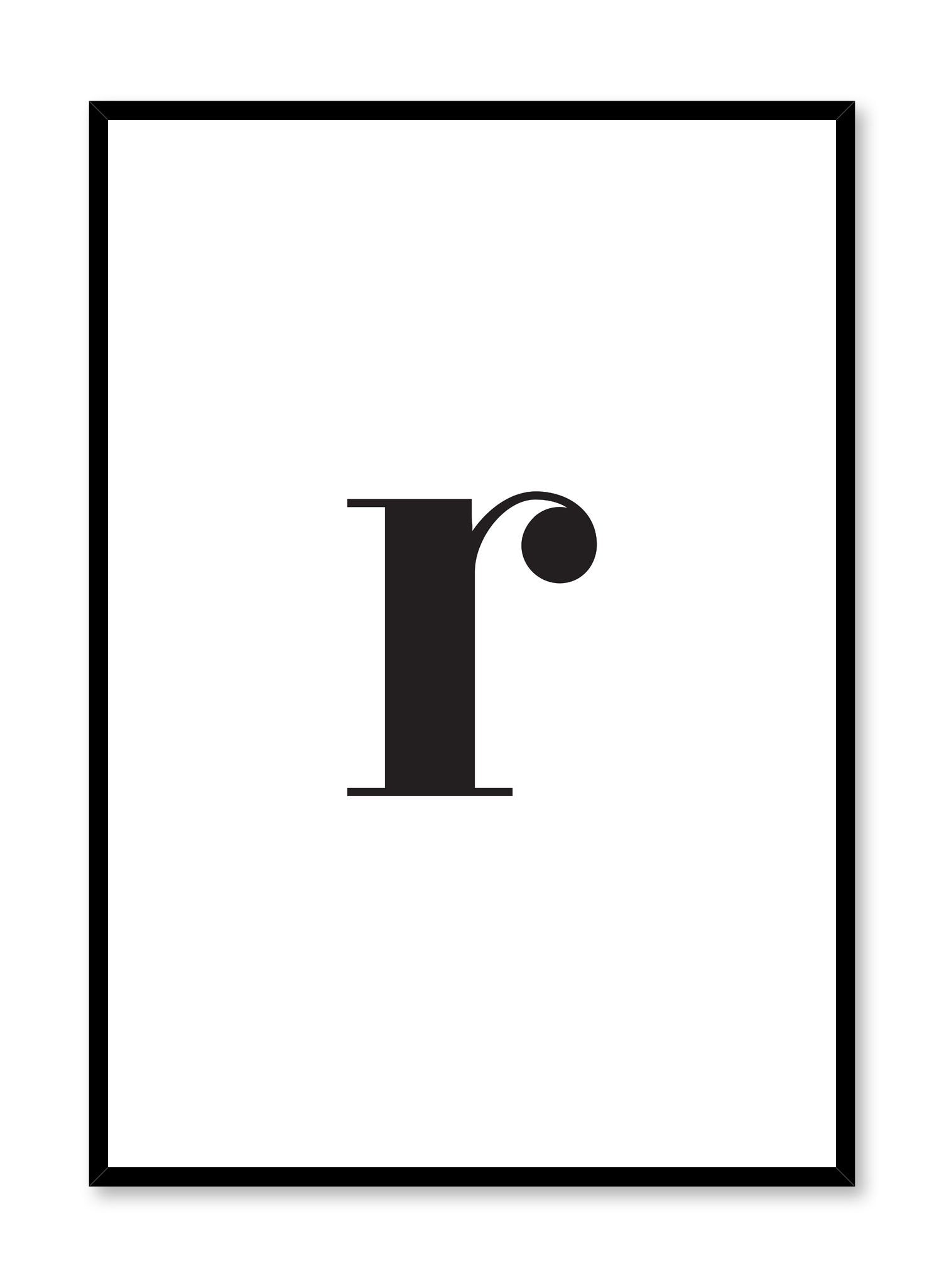 Scandinavian poster with black and white graphic typography design of lowercase letter R by Opposite Wall
