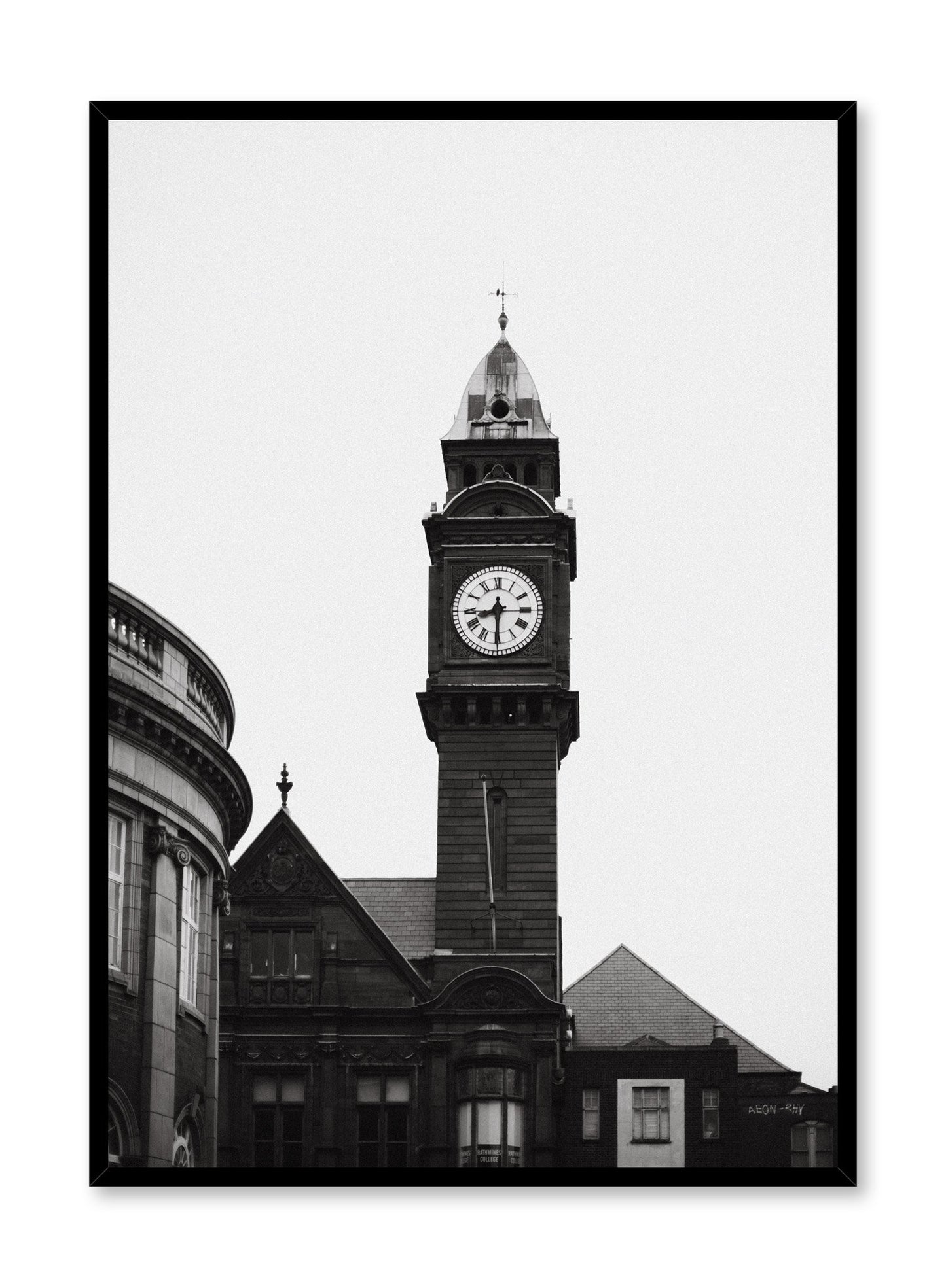 Modern minimalist poster by Opposite Wall with black and white photography of Clock Tower in Edinburgh, Scotland