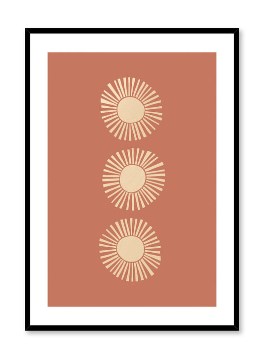 Mid-century modern illustration by Opposite Wall with trio of suns against orange background