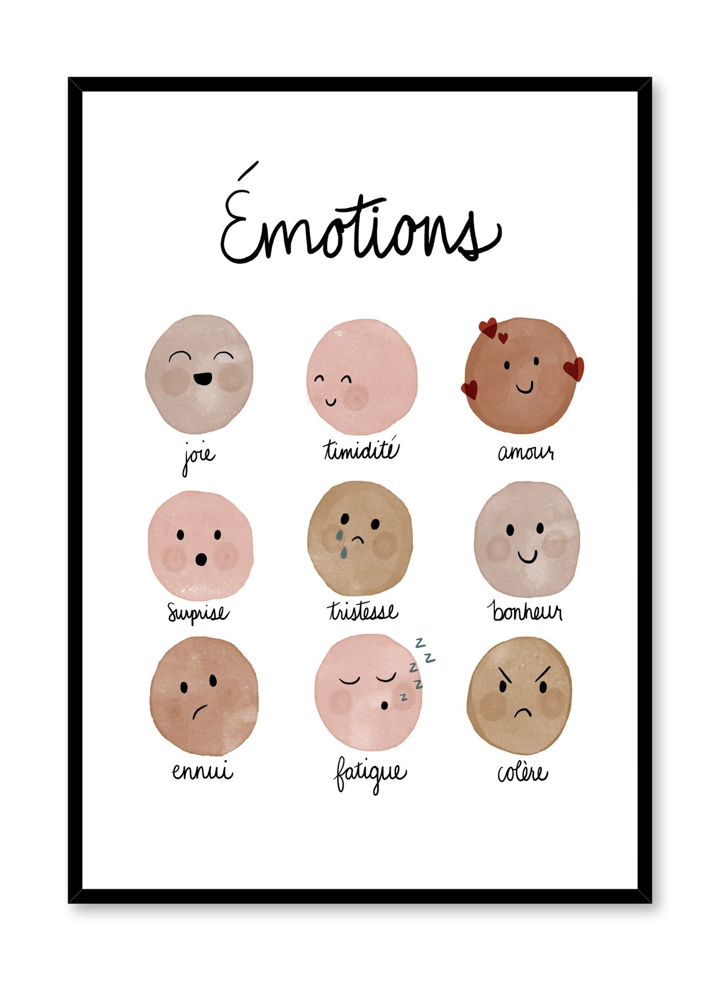 Kids nursery poster by Opposite Wall with facial emotions watercolours in French