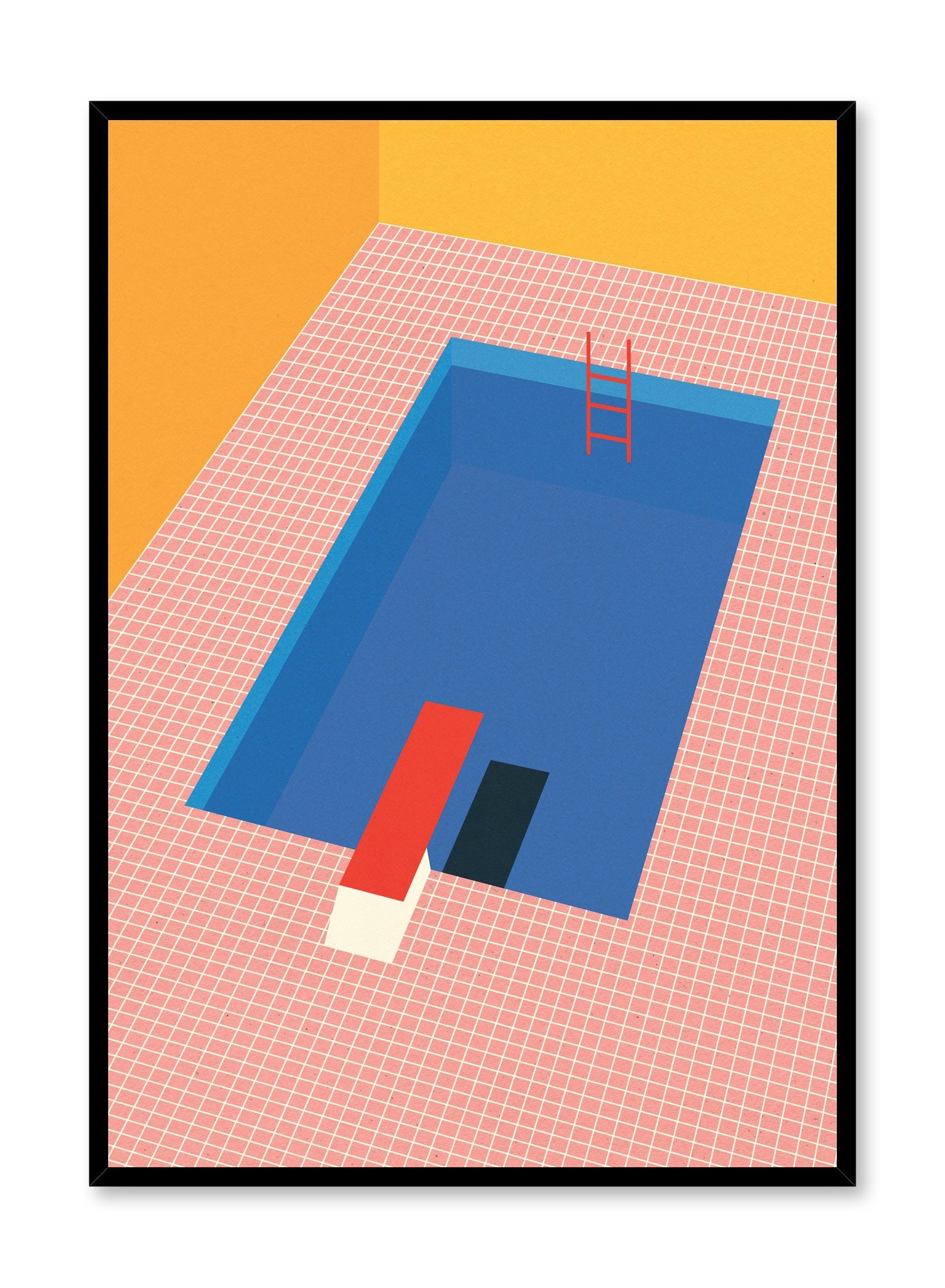 Minimalist pop art paper illustration by German artist Rosi Feist with pool and diving board