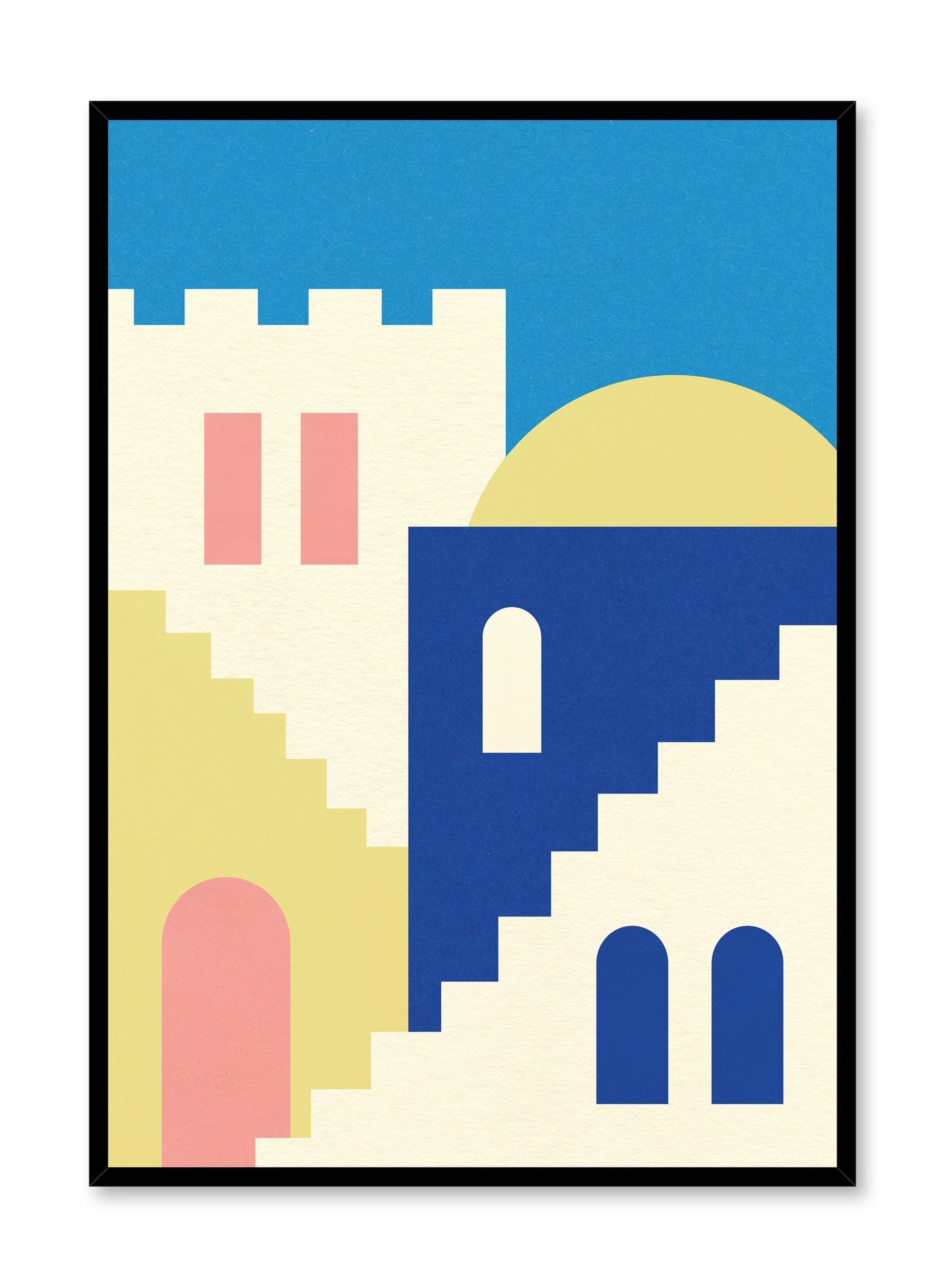 Minimalist pop art paper illustration by German artist Rosi Feist with stairs and architecture of Morocco