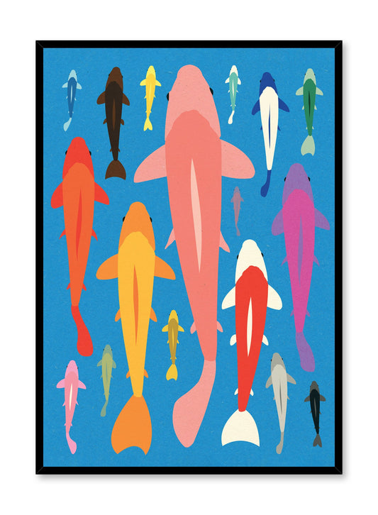Minimalist pop art paper illustration by German artist Rosi Feist with group of colourful Koi fish