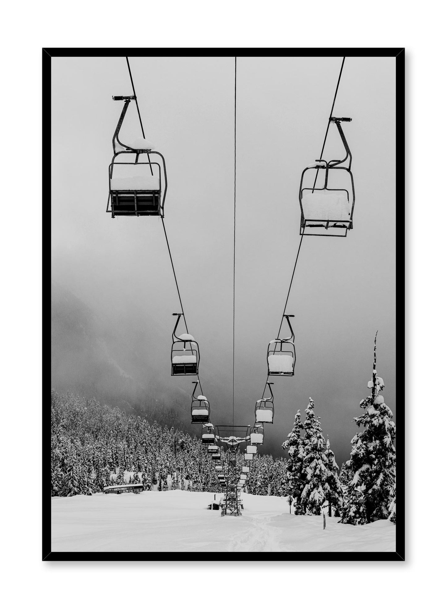 Landscape photography poster by Opposite Wall with snow and ski lift in black and white