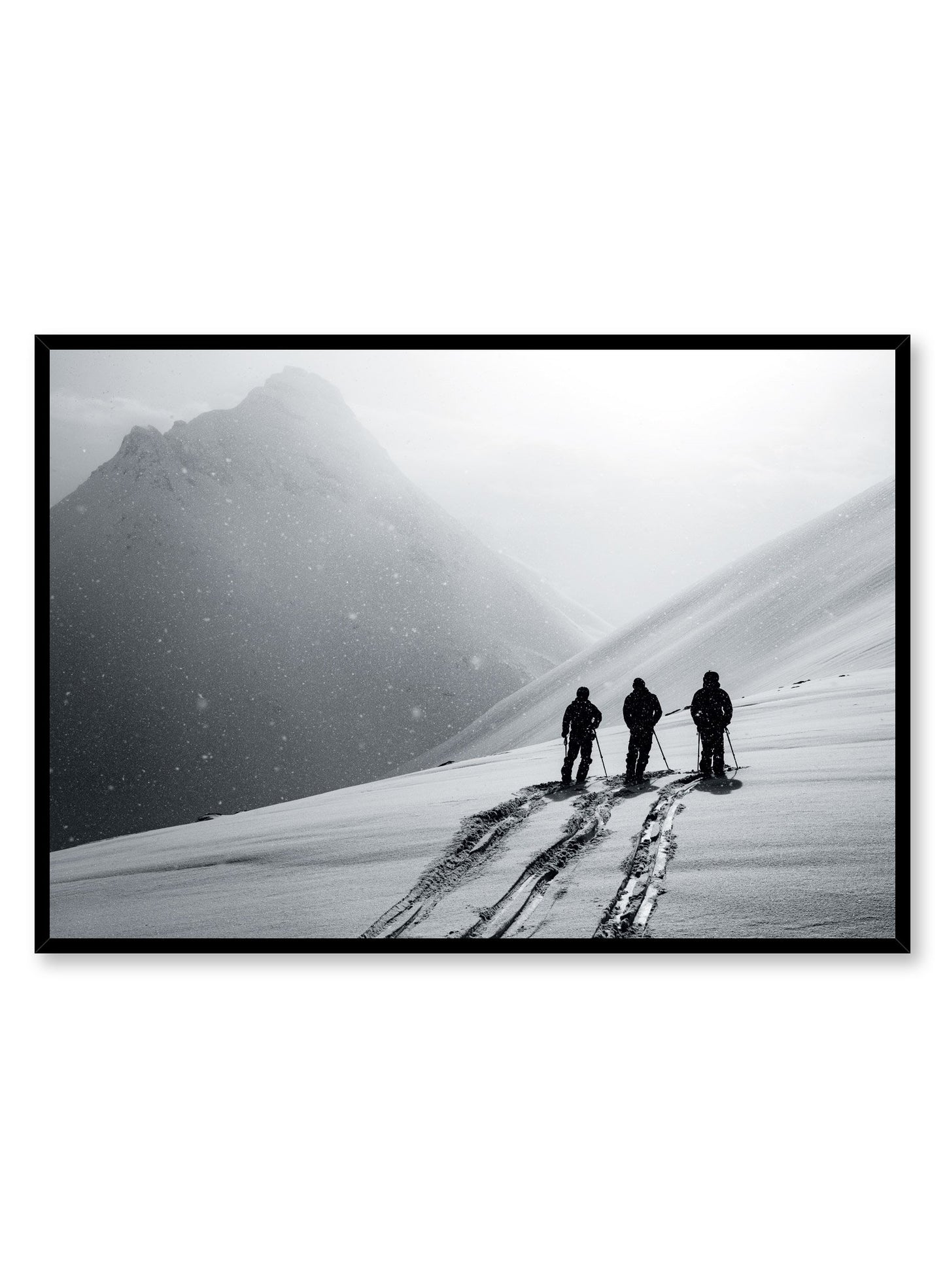 Landscape photography poster by Opposite Wall with snow and and people hiking in black and white