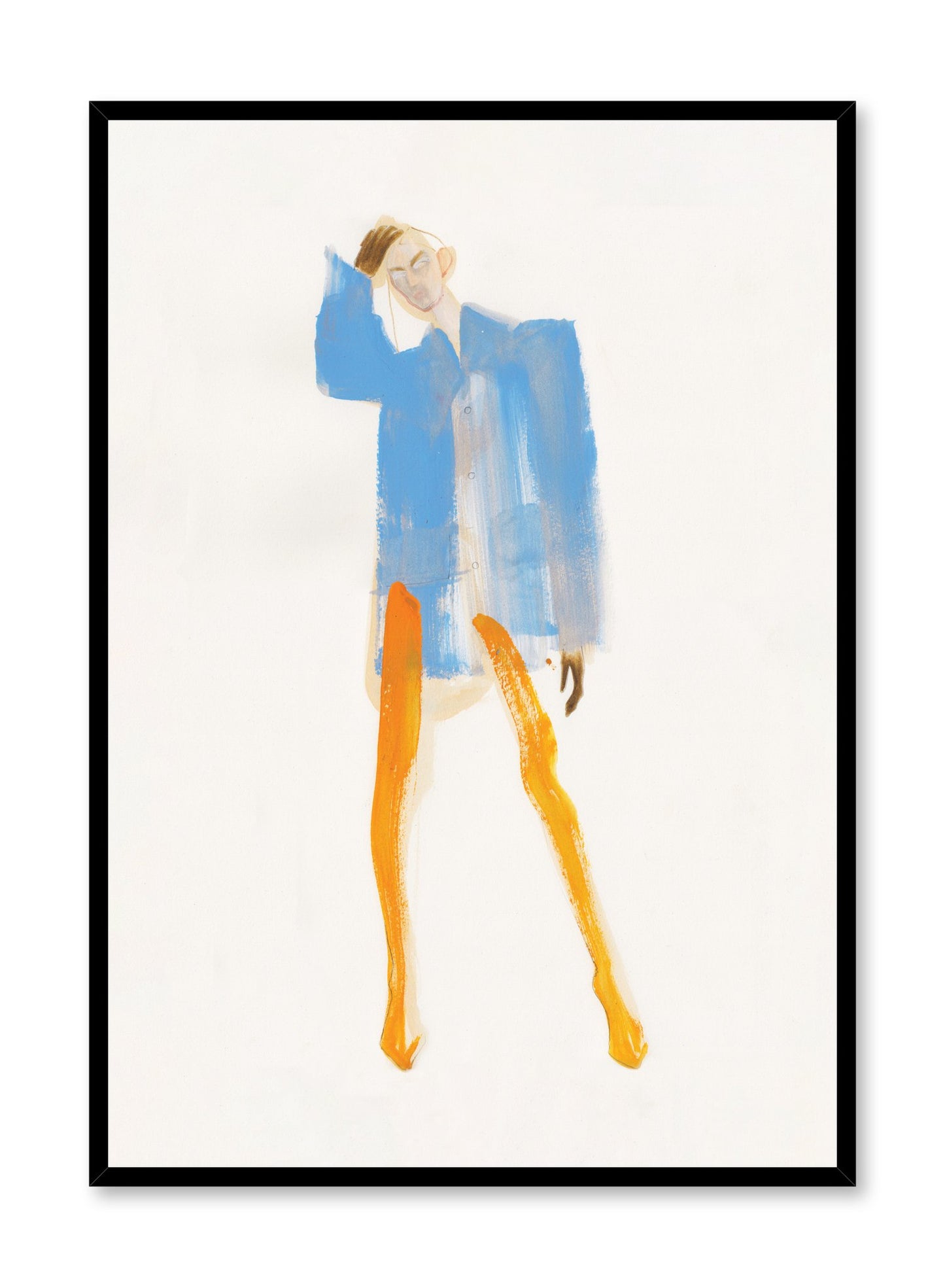 Minimalist painting by Opposite Wall of an androginous model wearing an orange and blue Balenciaga outfit by fashion illustrator Amelie Hegardt.