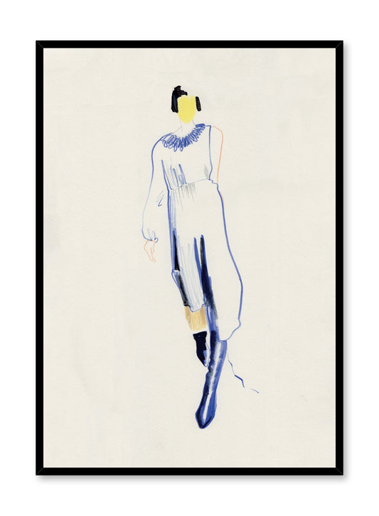 Minimalist fashion print by Opposite Wall of a feminine model wearing a flowy white dress, tall navy boots and an edgy black pixie cut with a white flower in her hair.
