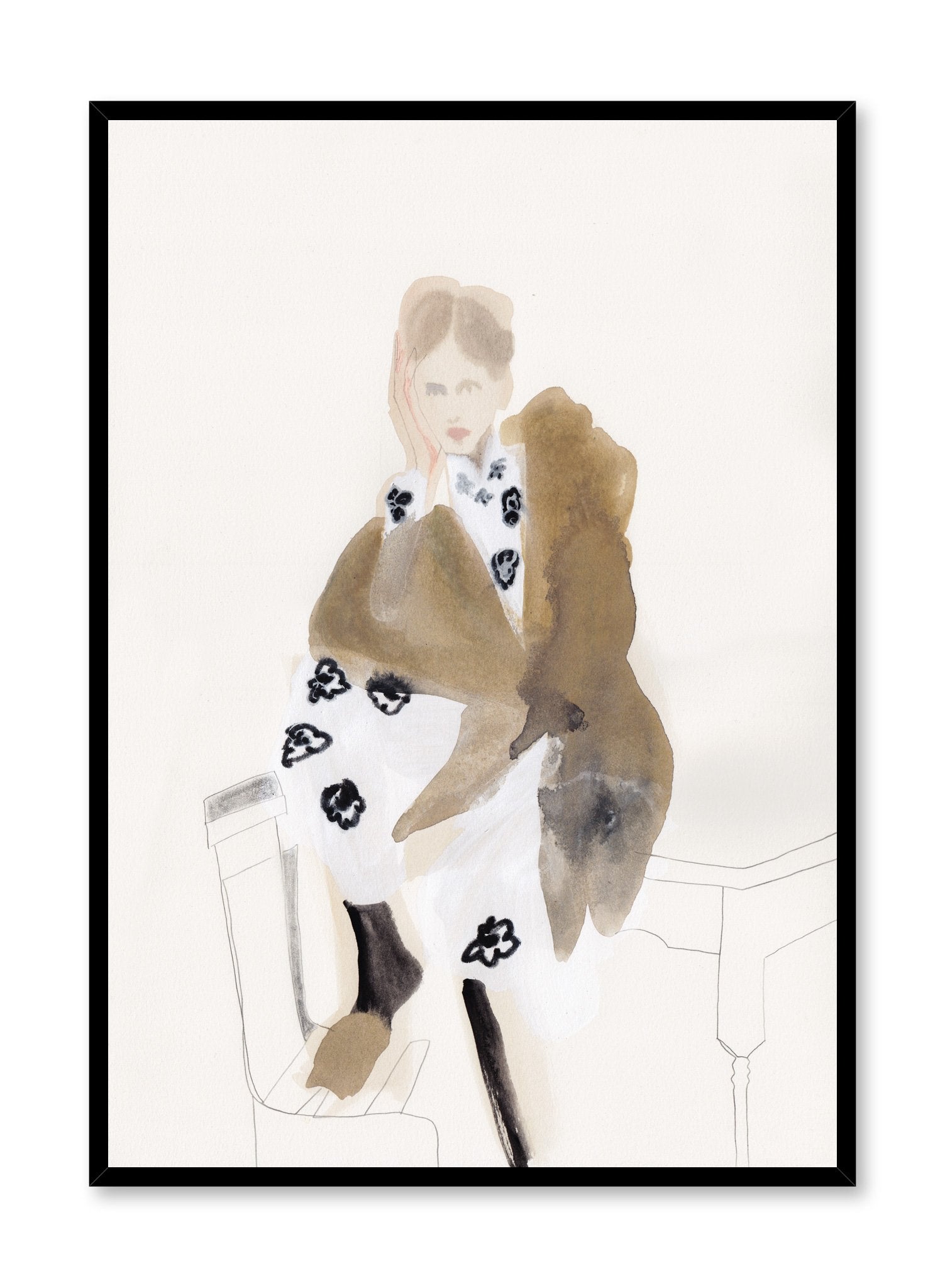 Fashion painting by Opposite Wall of a woman sitting on a kitchen table wearing a black and white floral dress and a brown fur coat.