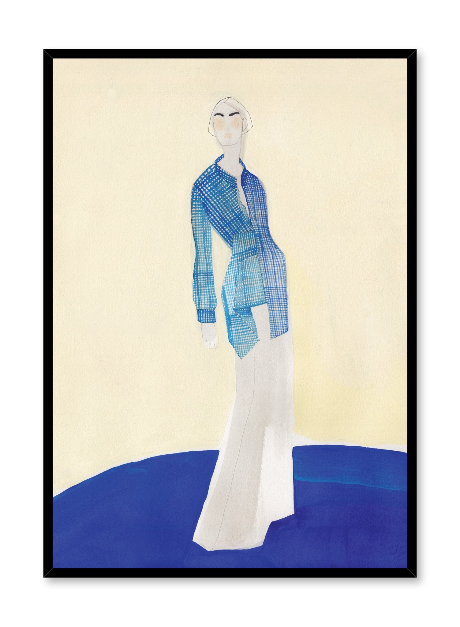 Fashion illustration poster by Opposite Wall of a minimalist female model wearing a blue button-down shirt and white bell-bottom pants.